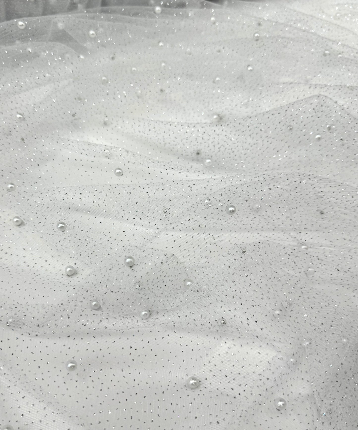 Off White Glitter Pearl Tulle Fabric, Glitter Tulle Lace Fabric with Pearls for Dress Bridal Veil, Scattered Pearls Studded Mesh