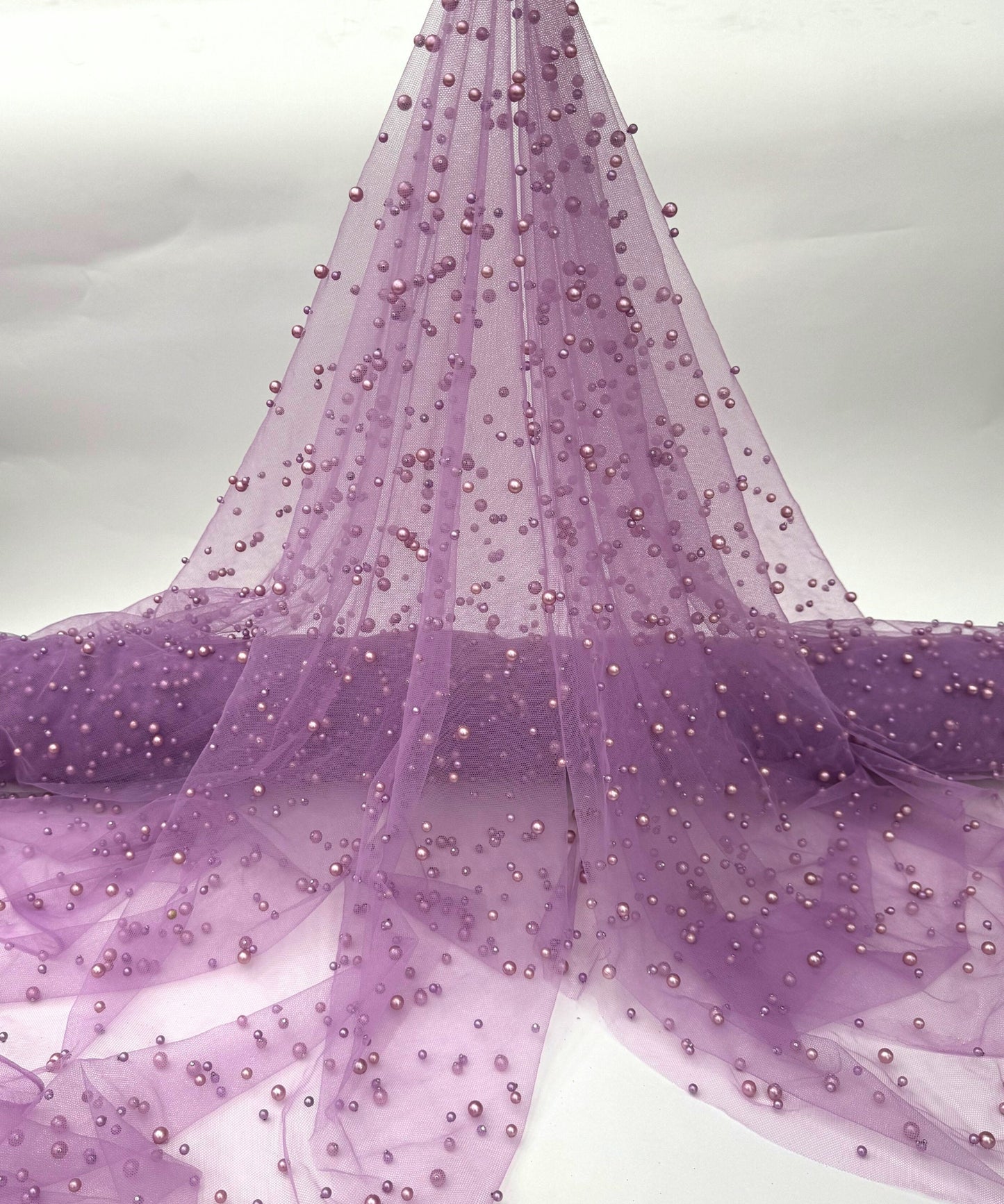 Lavender Pearl Tulle Fabric, Scattered Pearls Studded Mesh, Pink Tulle Lace Fabric with Pearls, 2-Way Stretch Pearl Beaded Tulle