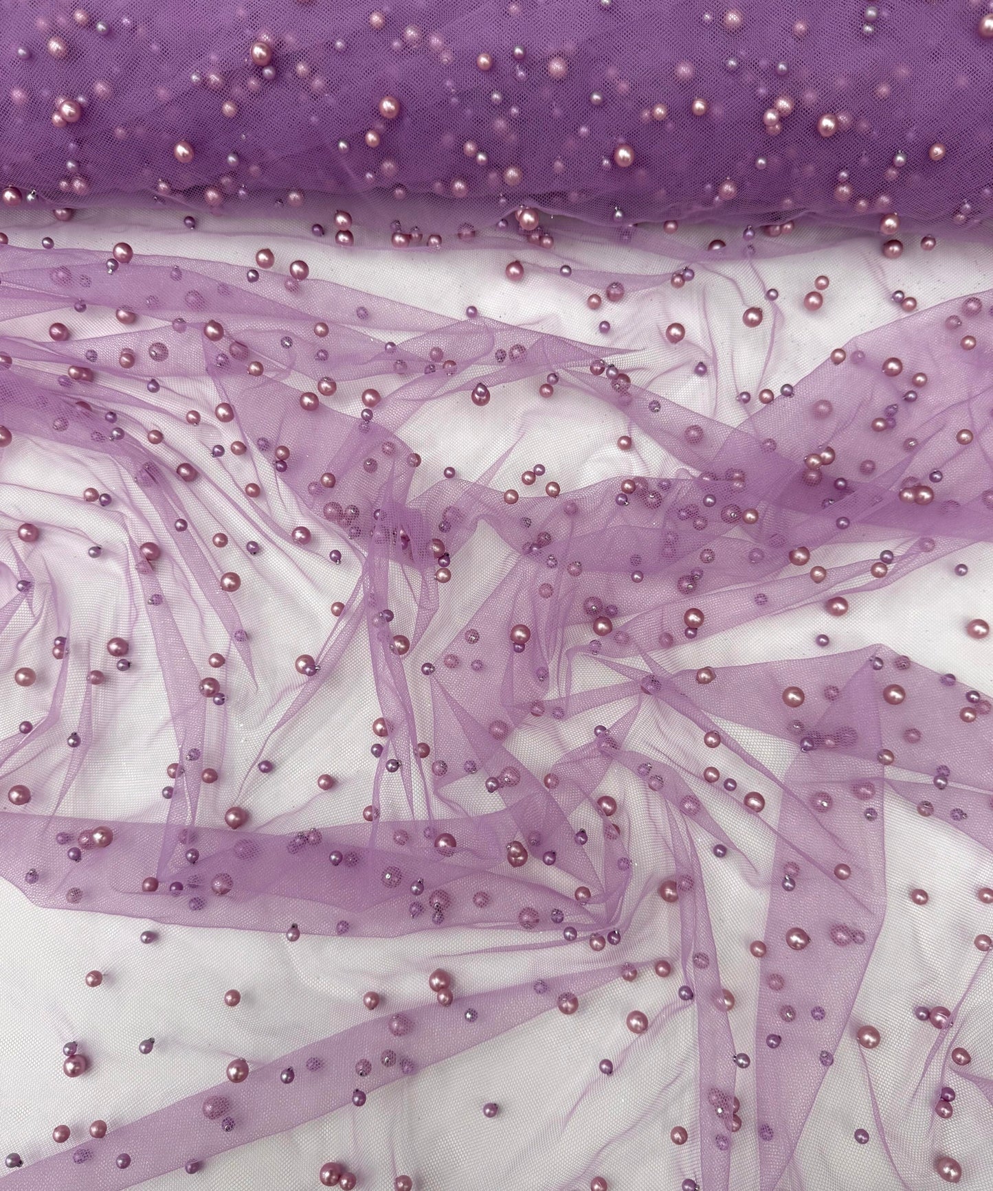 Lavender Pearl Tulle Fabric, Scattered Pearls Studded Mesh, Pink Tulle Lace Fabric with Pearls, 2-Way Stretch Pearl Beaded Tulle