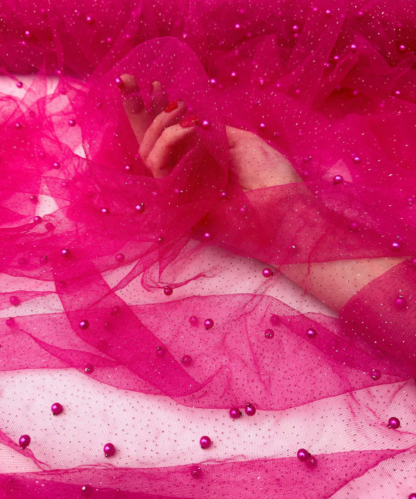Fuchsia Pearl Beaded Glittery Tulle