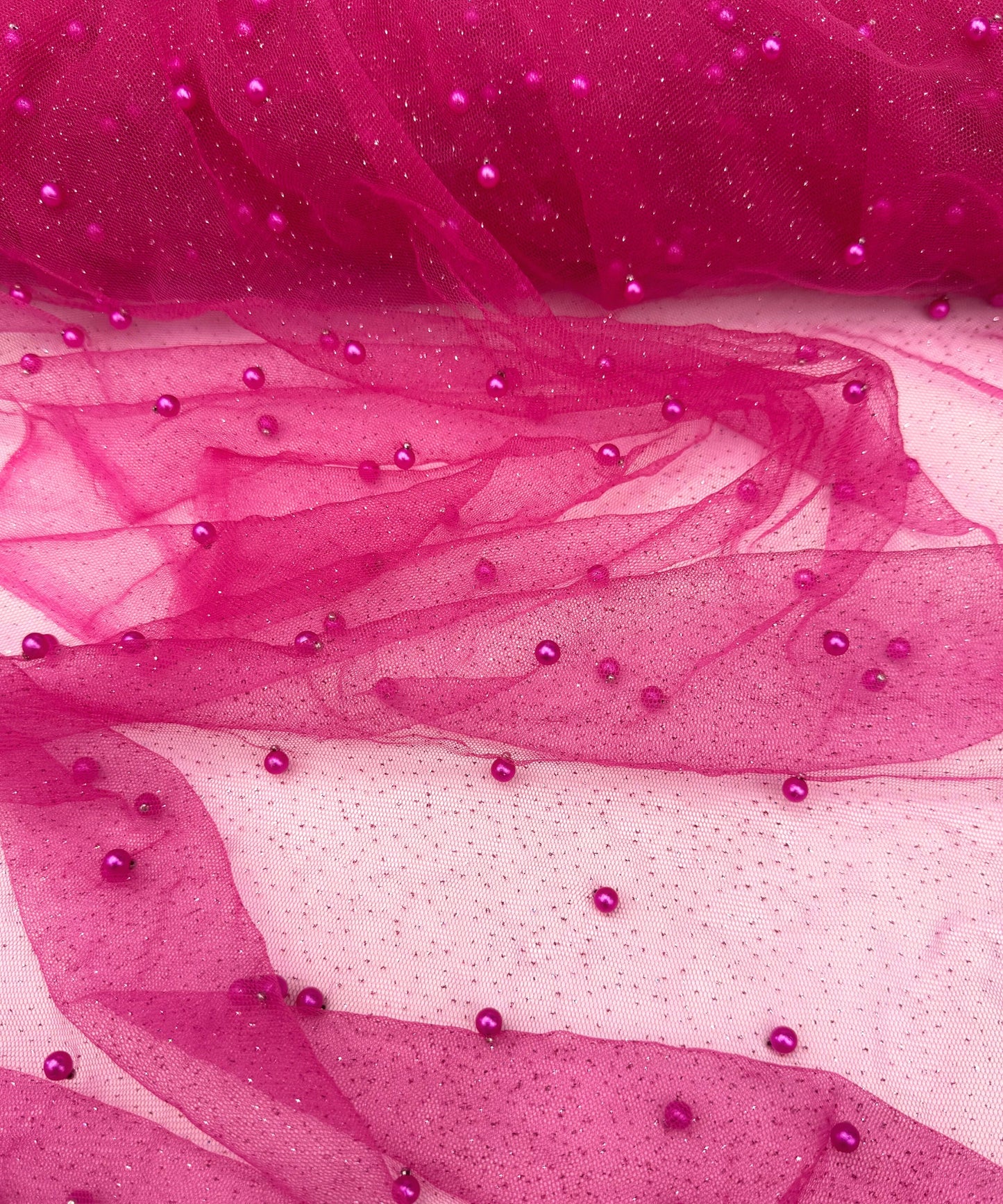 Fuchsia Pearl Beaded Glittery Tulle