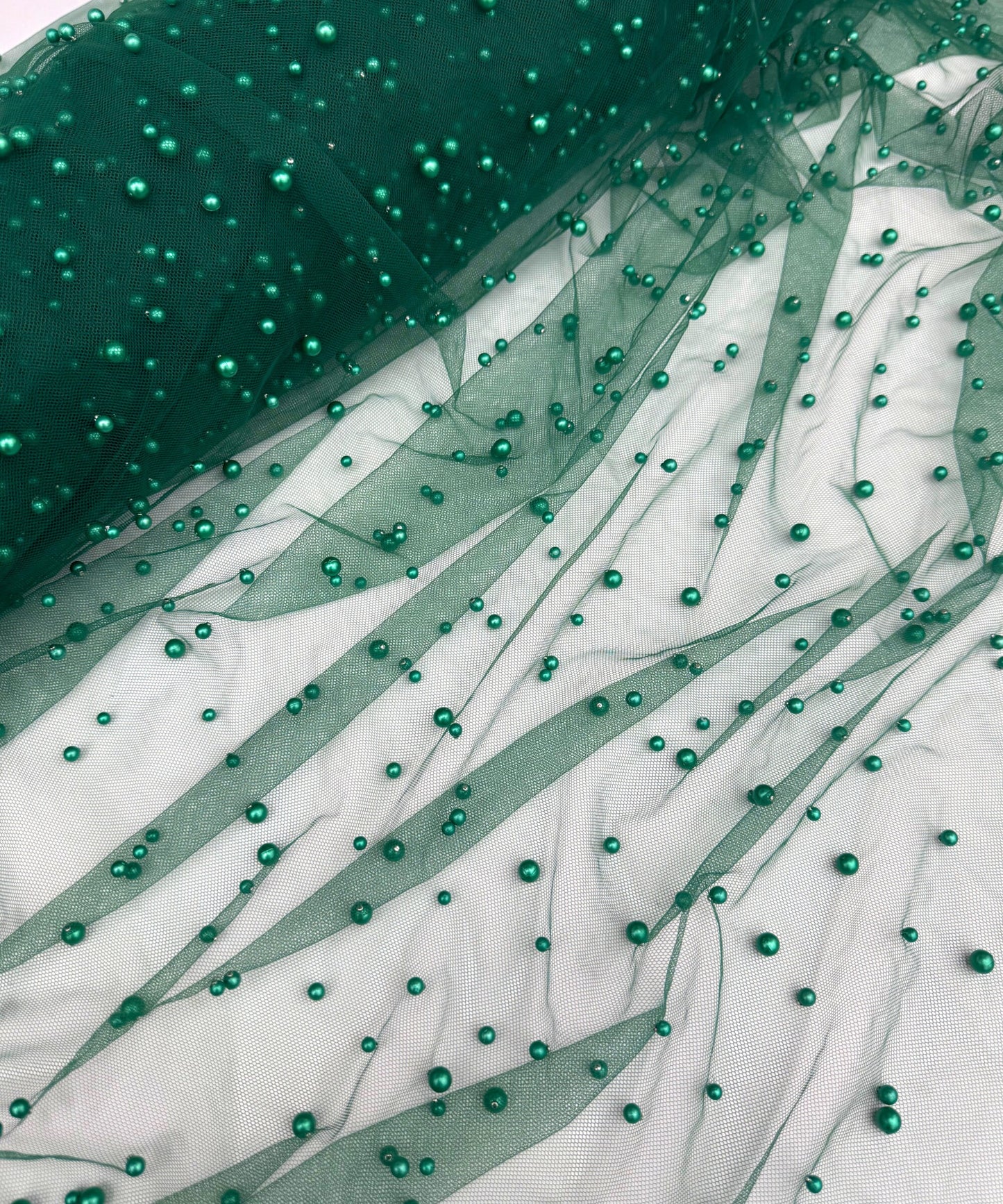 Emerald Green Pearl Tulle Fabric, Scattered Pearls Studded Mesh, Pink Tulle Lace Fabric with Pearls, 2-Way Stretch Pearl Beaded Tulle