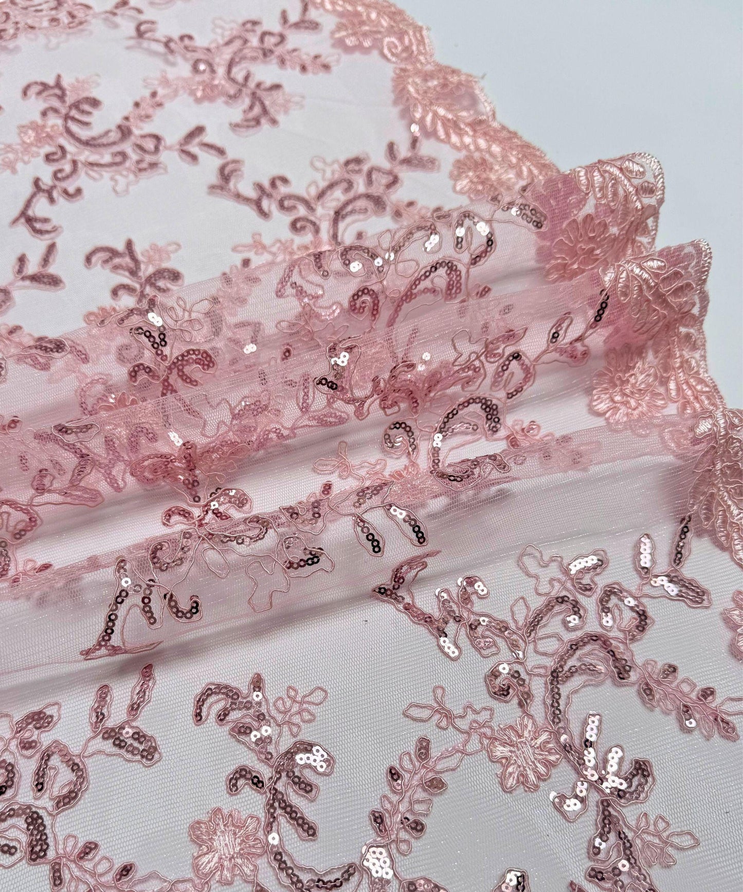 Baby Pink Sequin Lace Fabric