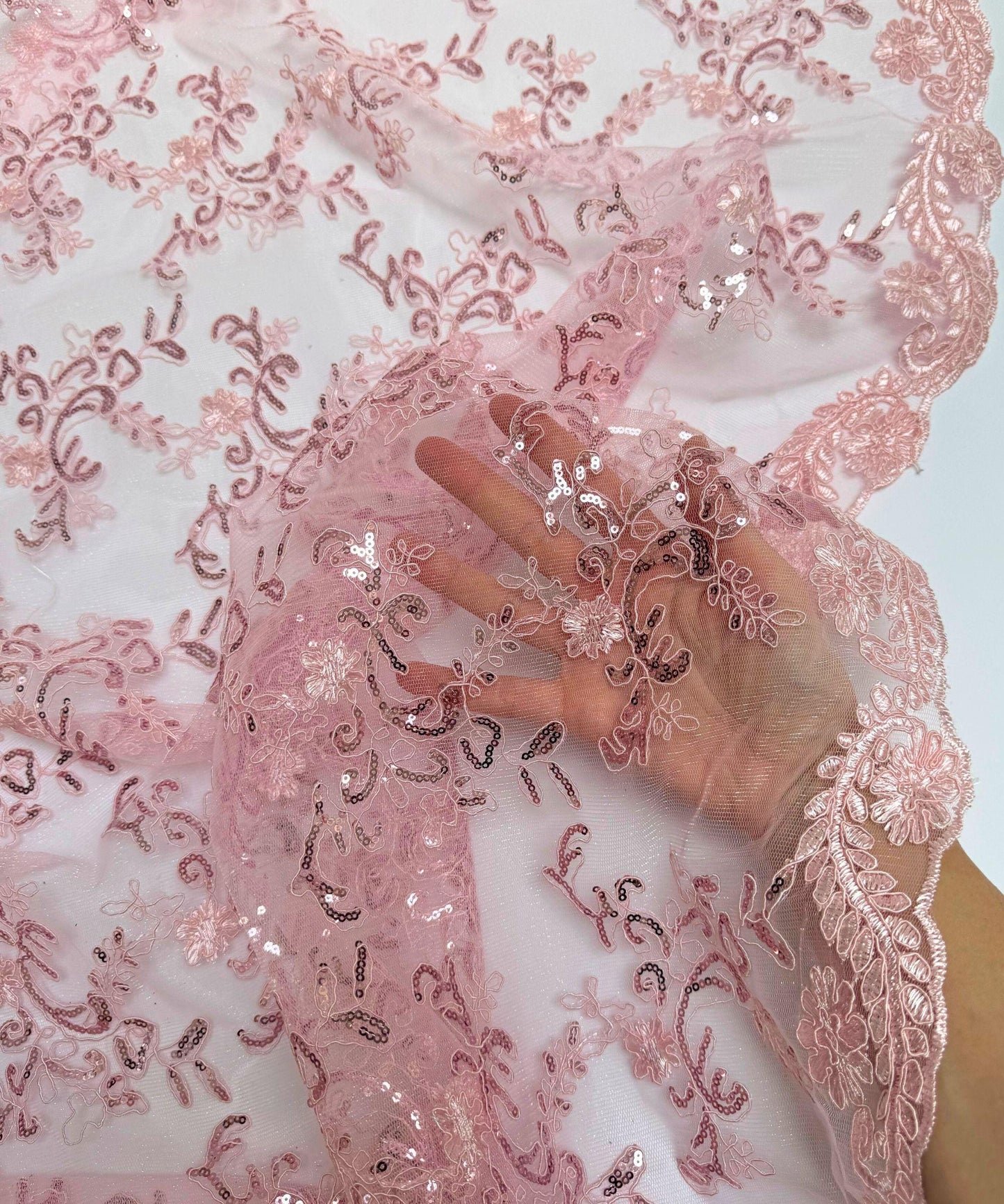 Baby Pink Sequin Lace Fabric