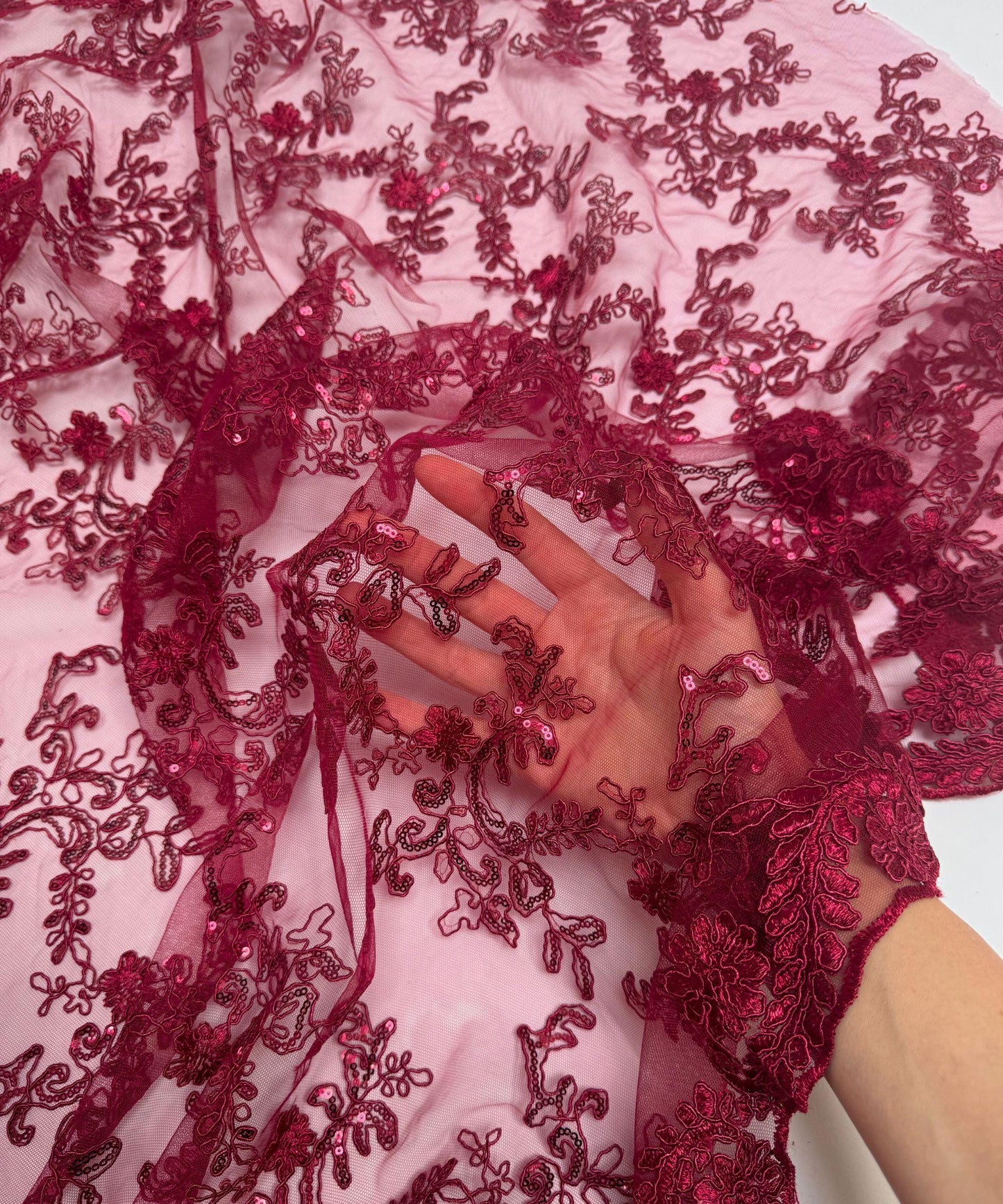 Burgundy Sequin Lace Fabric