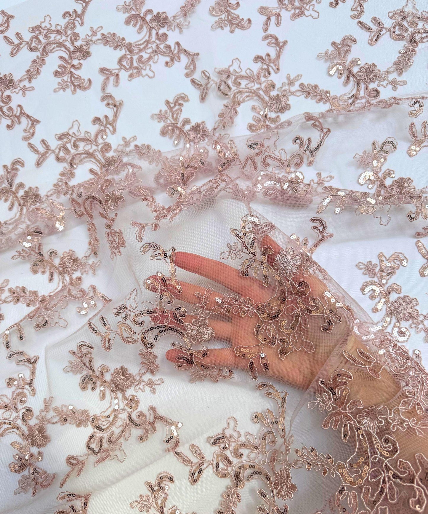 Dusty Rose Sequin Lace Fabric