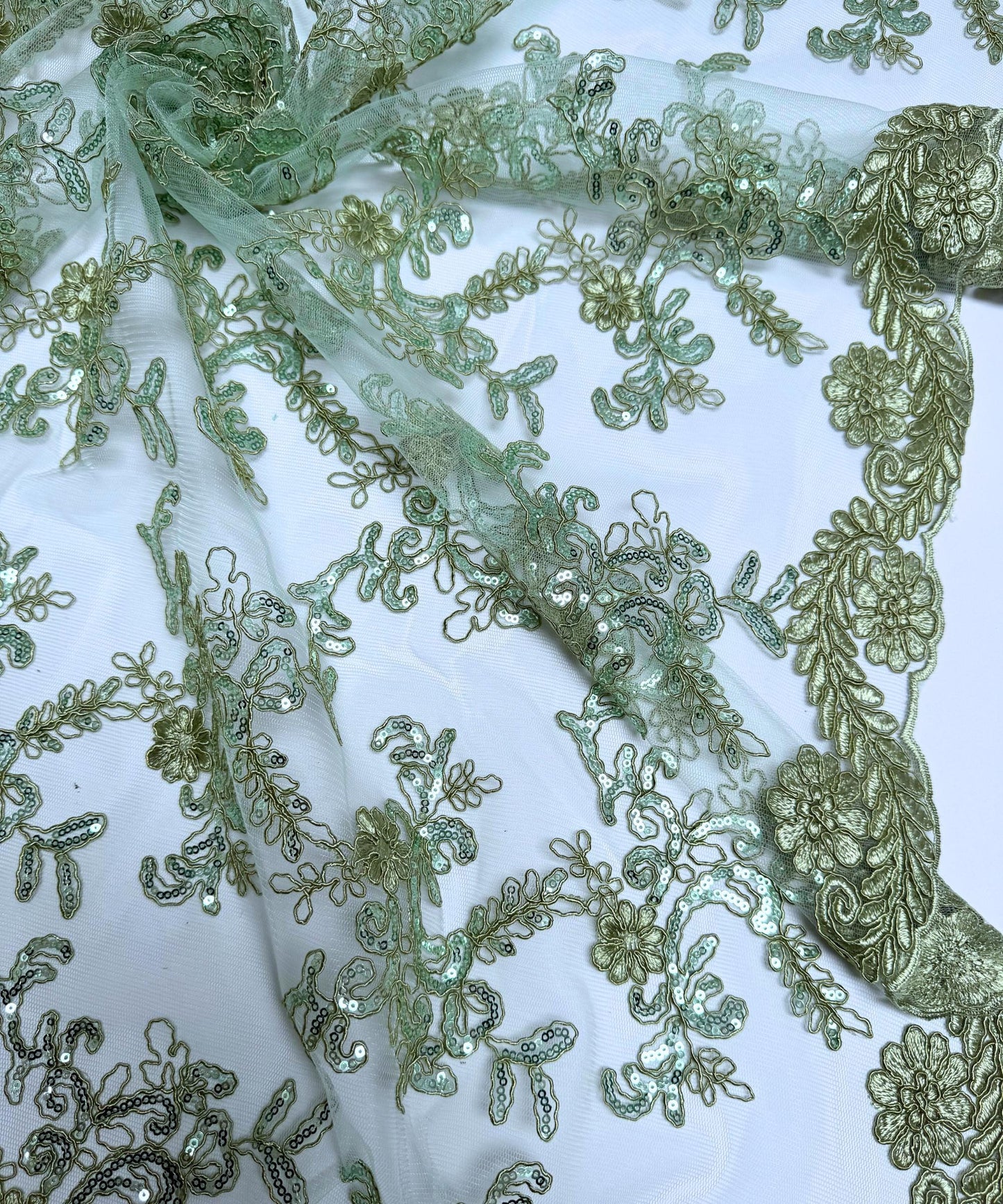 Sage Green Sequin Lace Fabric
