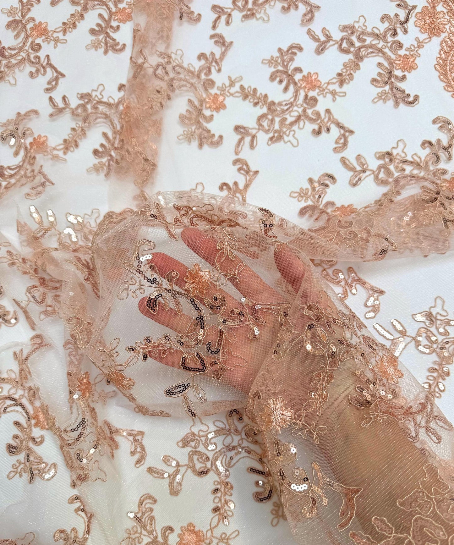 Coral Sequin Lace Fabric