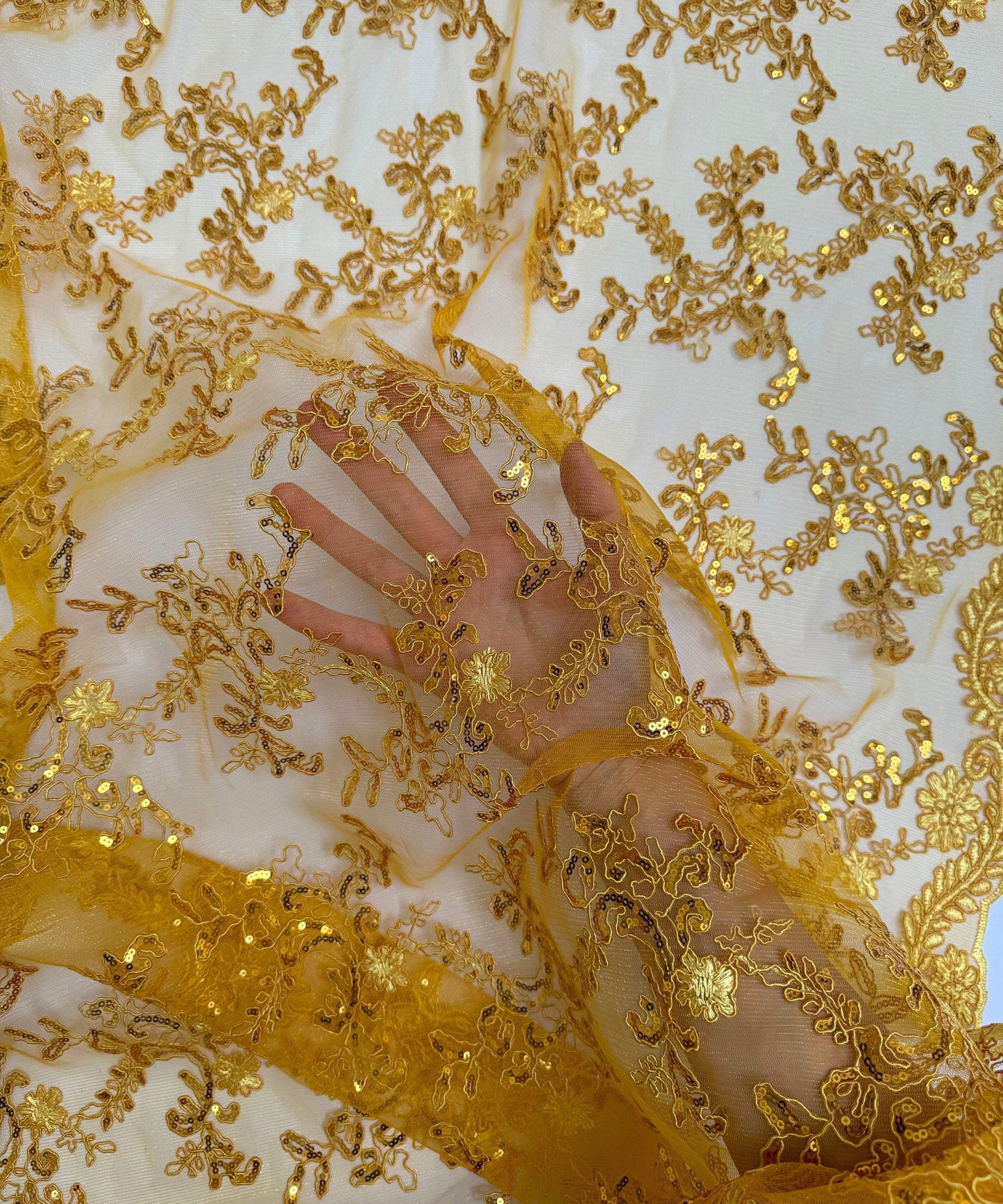 Yellow Sequin Lace Fabric