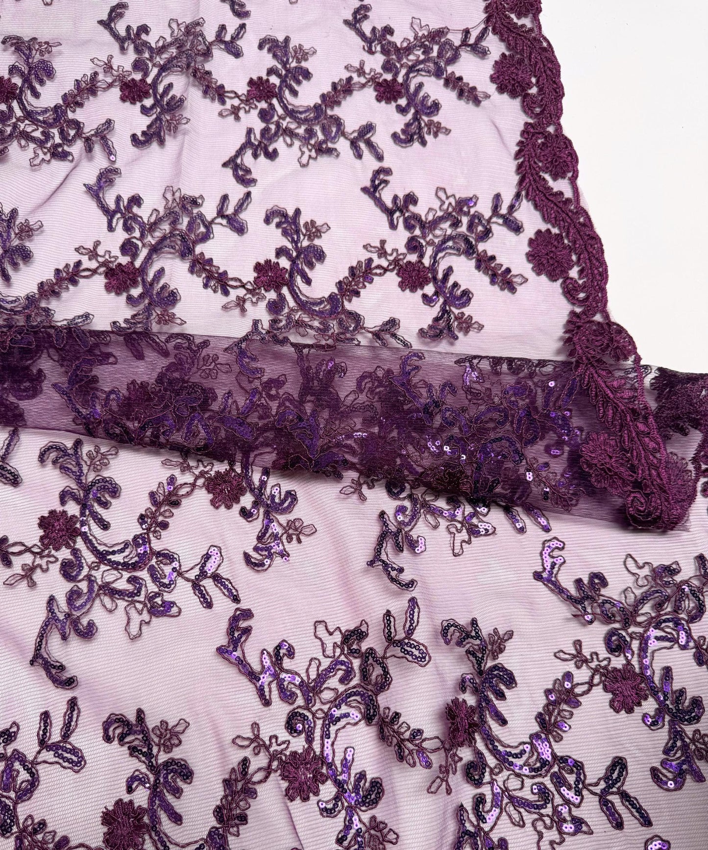 Purple Floral Lace by the Yard, Embroidered Purple Lace Fabric with Sequins, Floral Purple Lace Fabric Embroidery with Sequins on Mesh