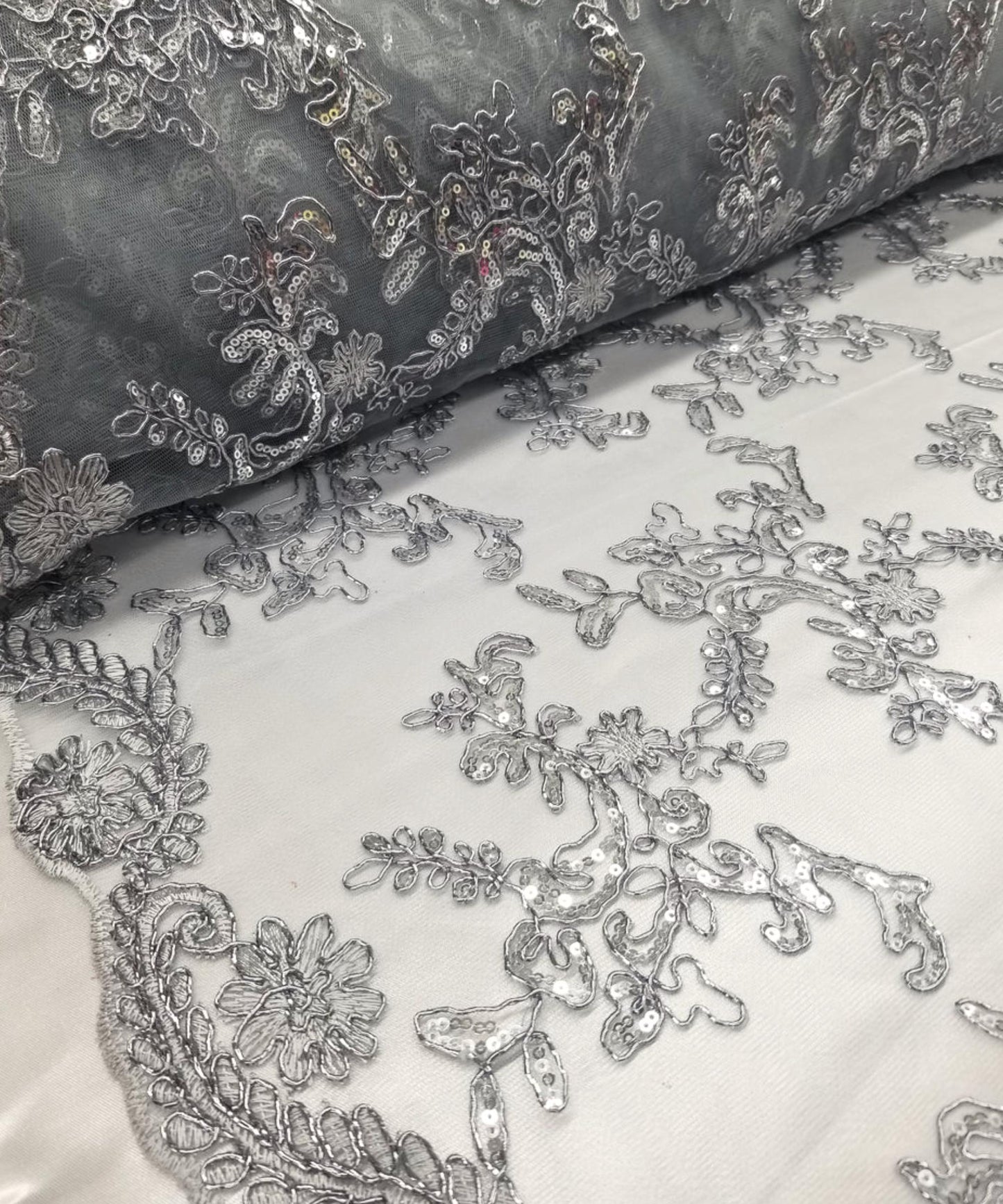 Metallic Silver Sequin Lace Fabric