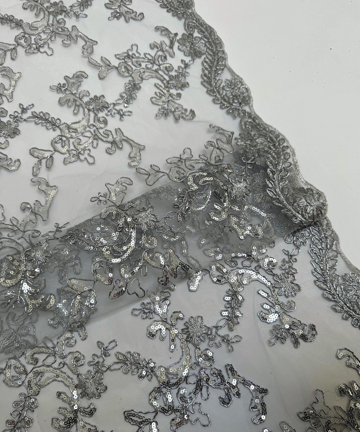Metallic Silver Sequin Lace Fabric