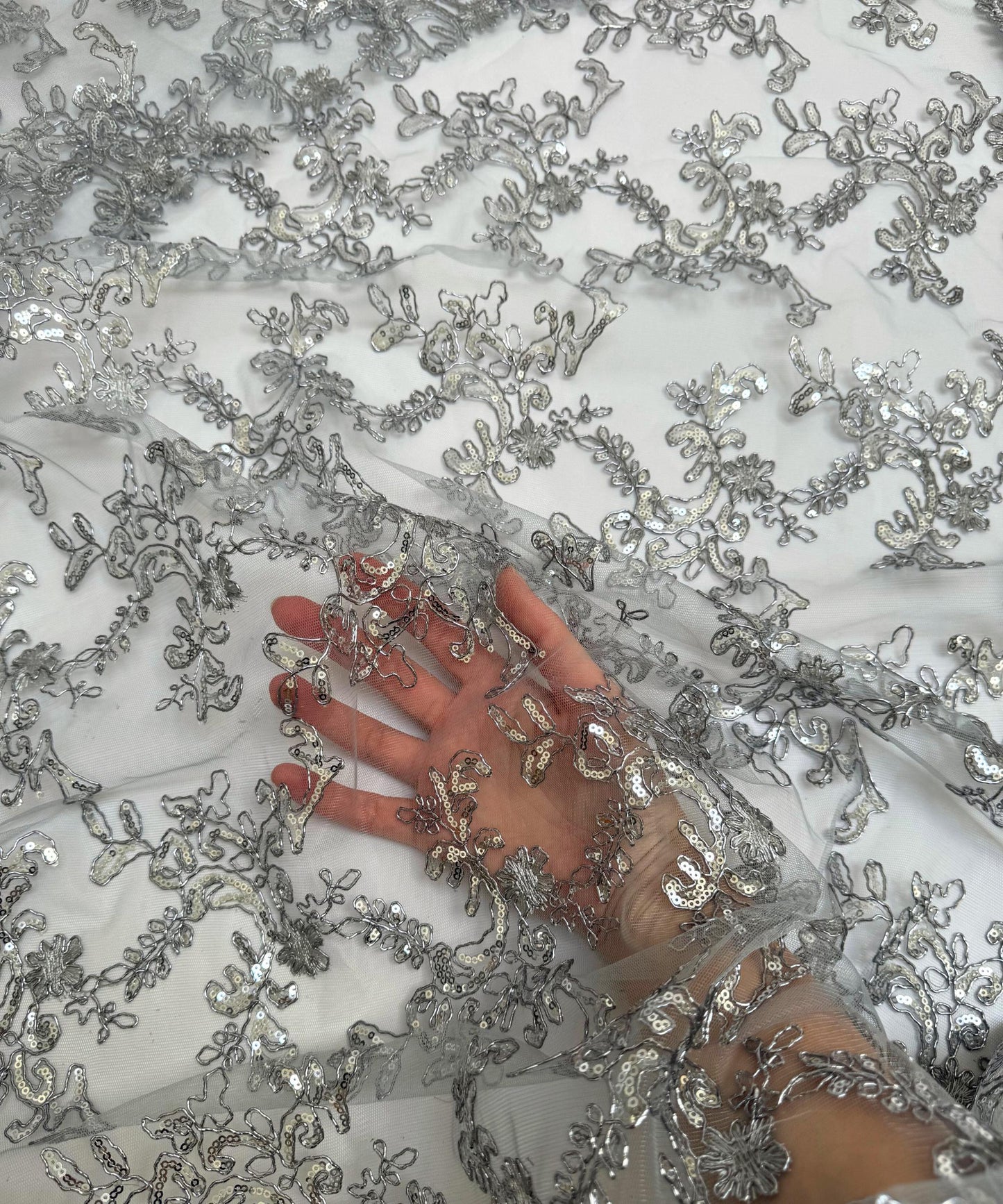 Metallic Silver Sequin Lace Fabric