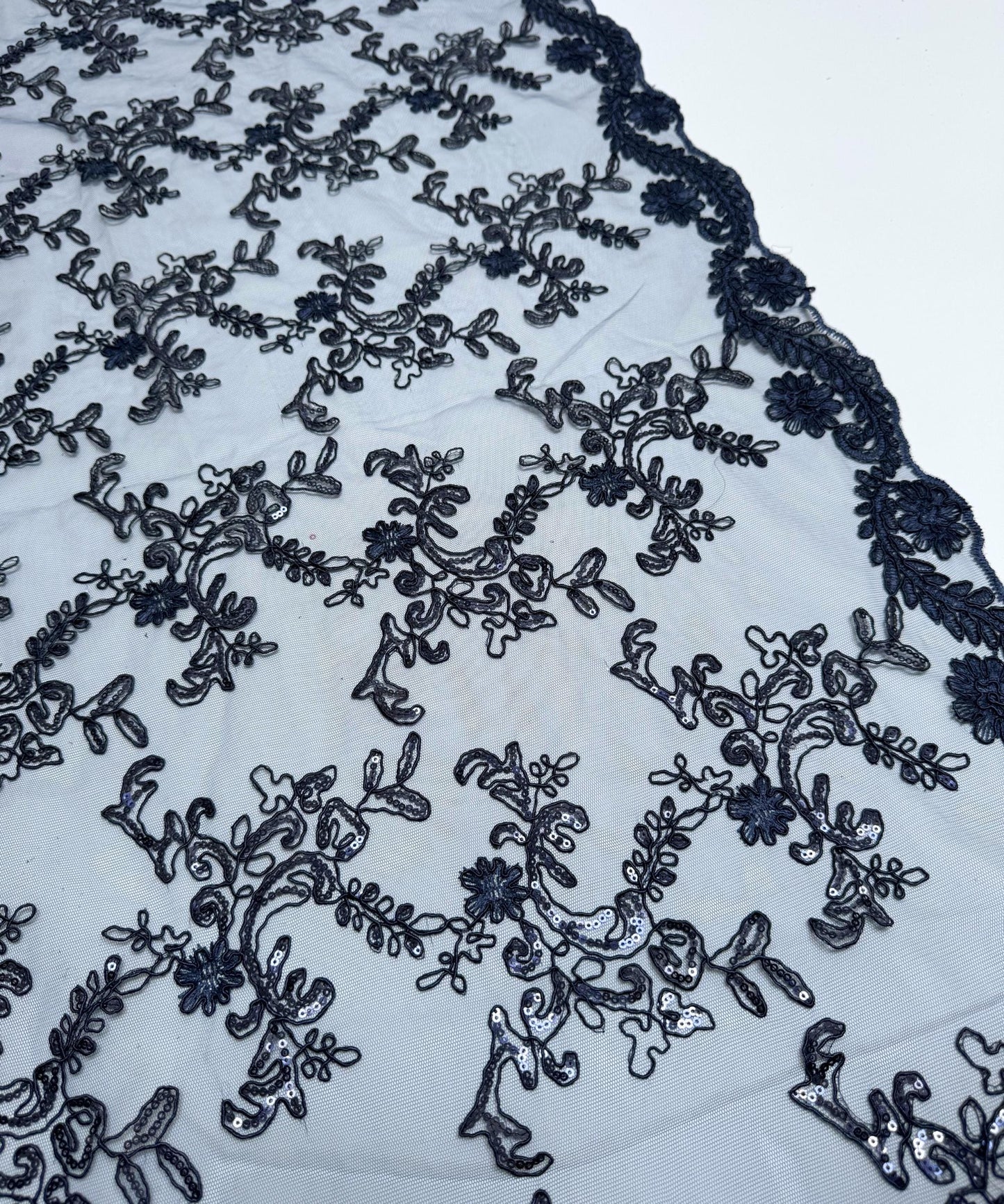 Navy Blue Sequin Lace Fabric