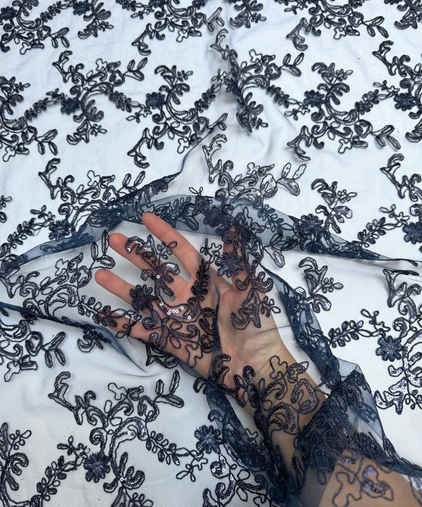 Navy Blue Sequin Lace Fabric