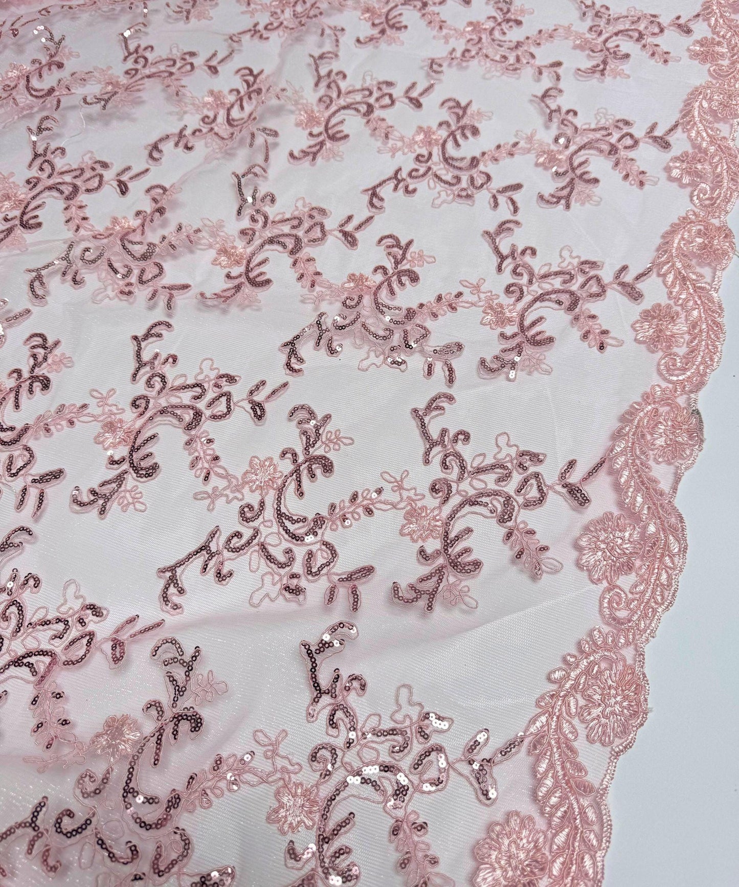 Baby Pink Sequin Lace Fabric