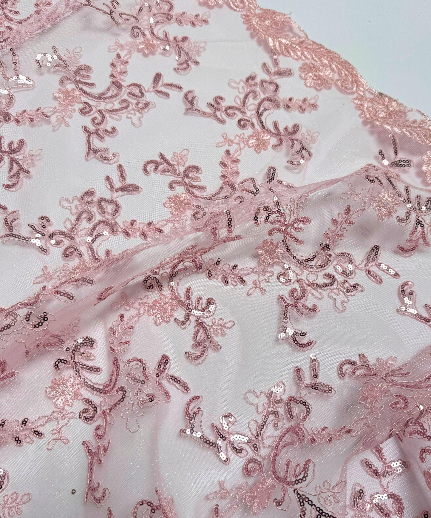 Baby Pink Sequin Lace Fabric
