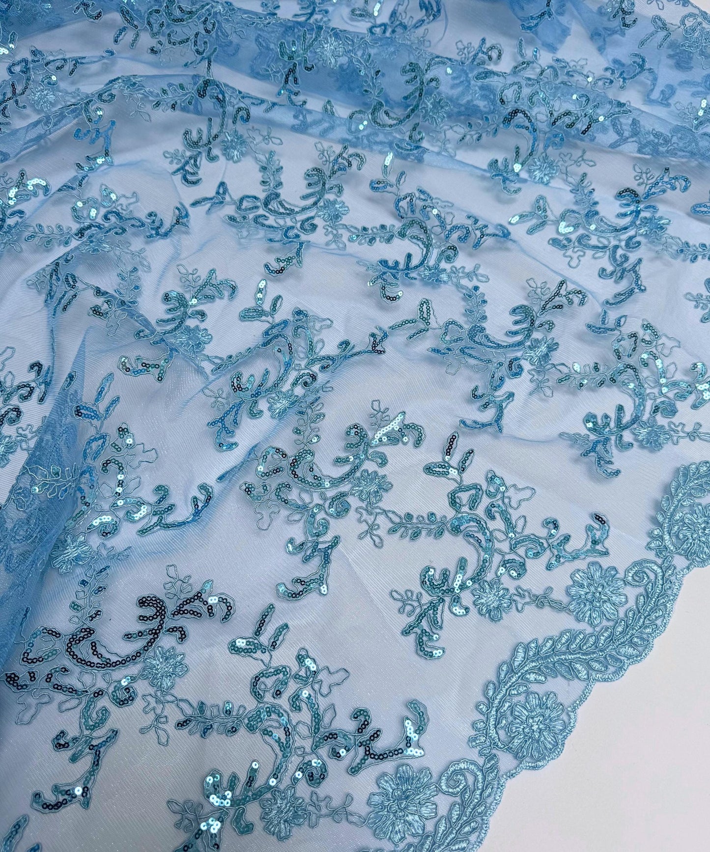 Baby Blue Sequin Lace Fabric