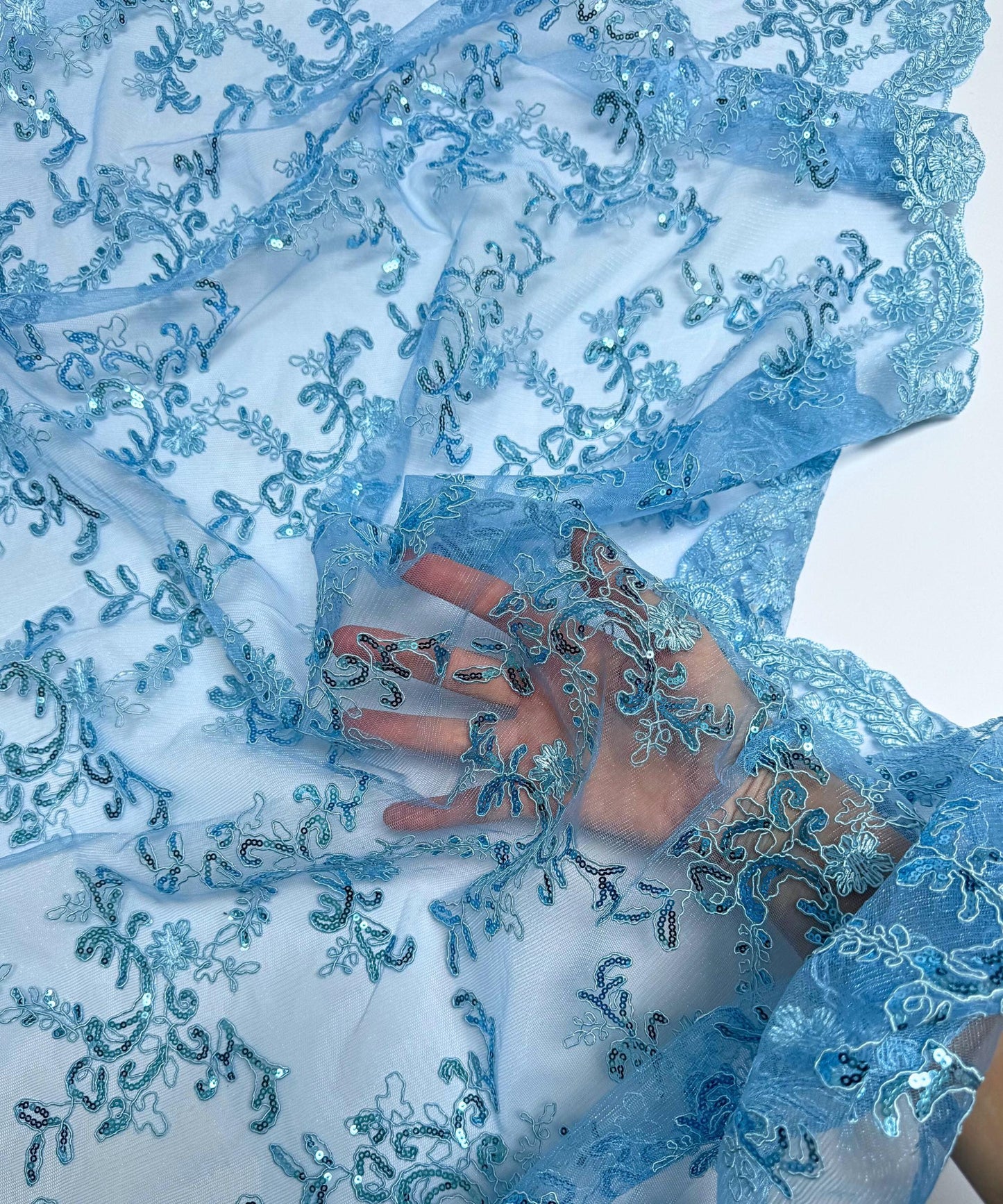 Baby Blue Sequin Lace Fabric