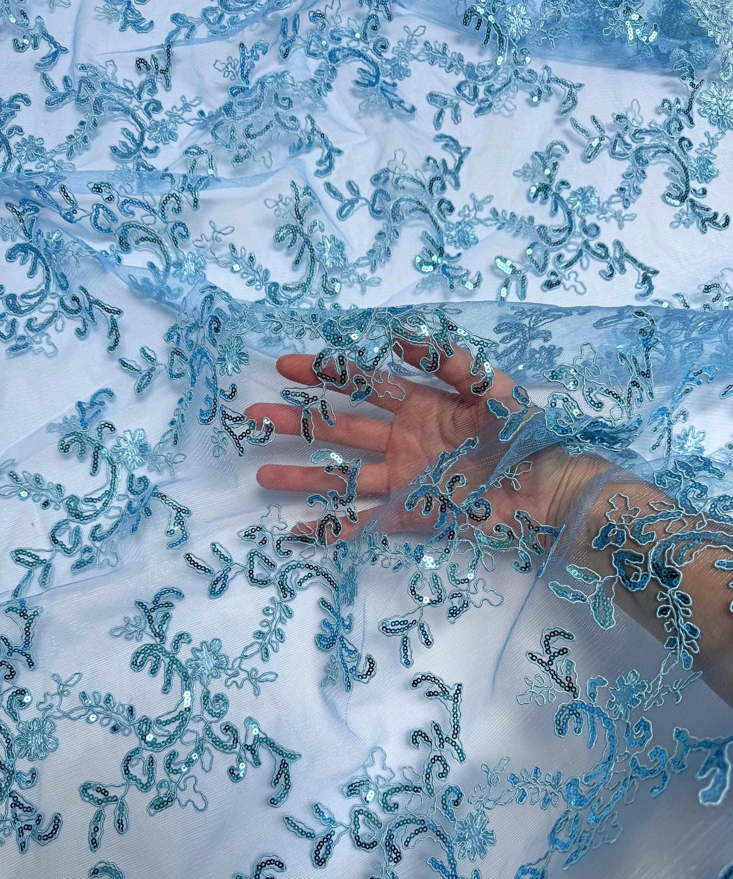 Baby Blue Sequin Lace Fabric