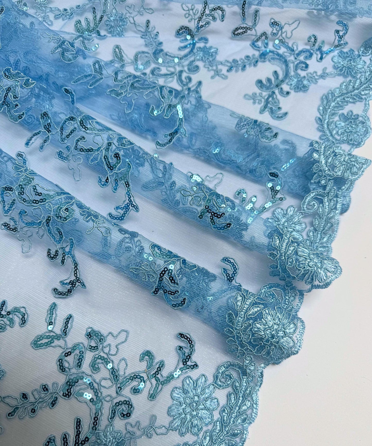 Baby Blue Sequin Lace Fabric