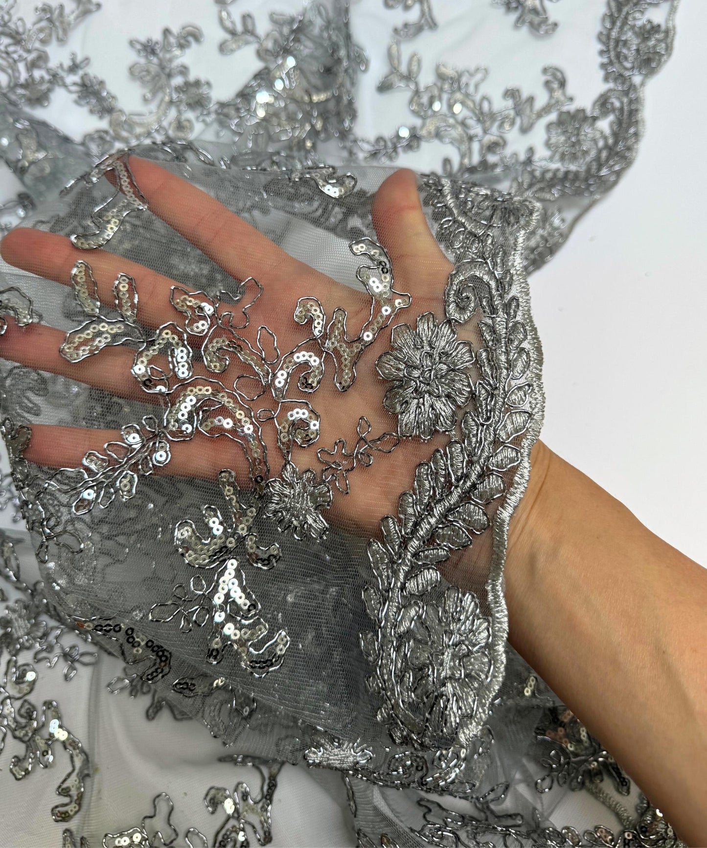 Metallic Silver Sequin Lace Fabric