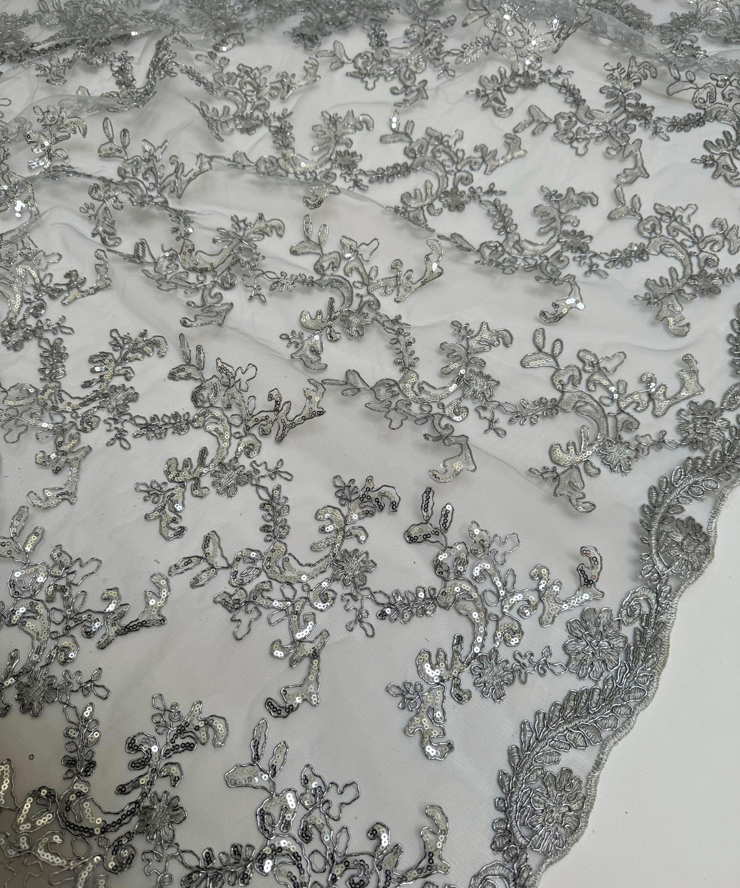 Metallic Silver Sequin Lace Fabric