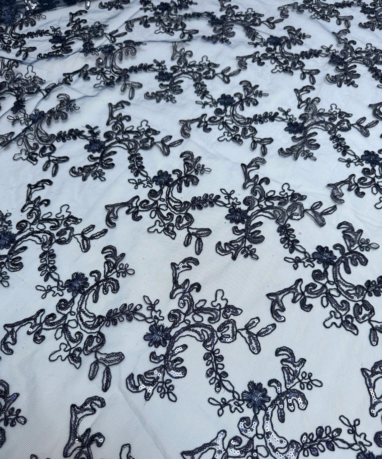 Navy Blue Sequin Lace Fabric