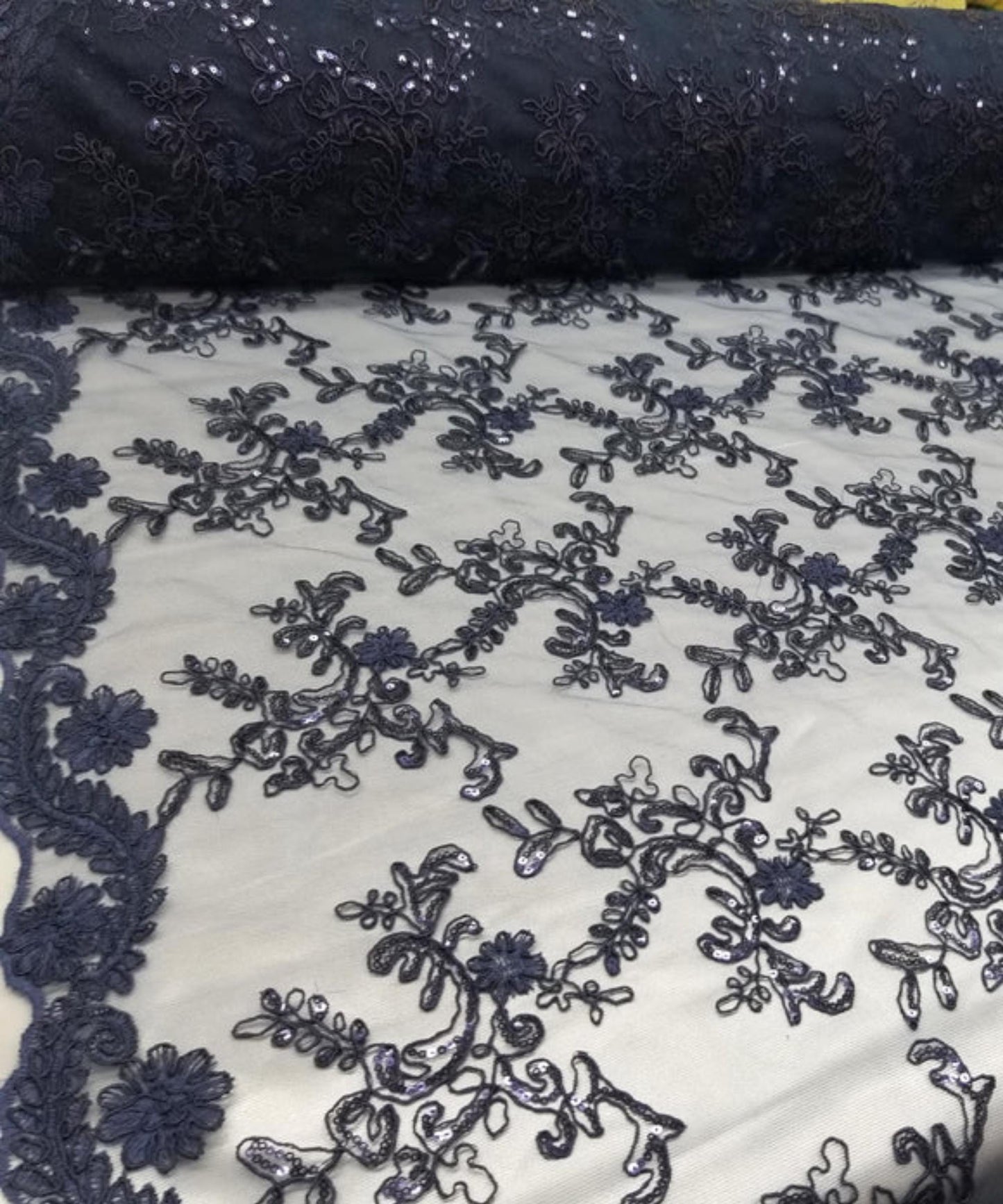 Navy Blue Sequin Lace Fabric