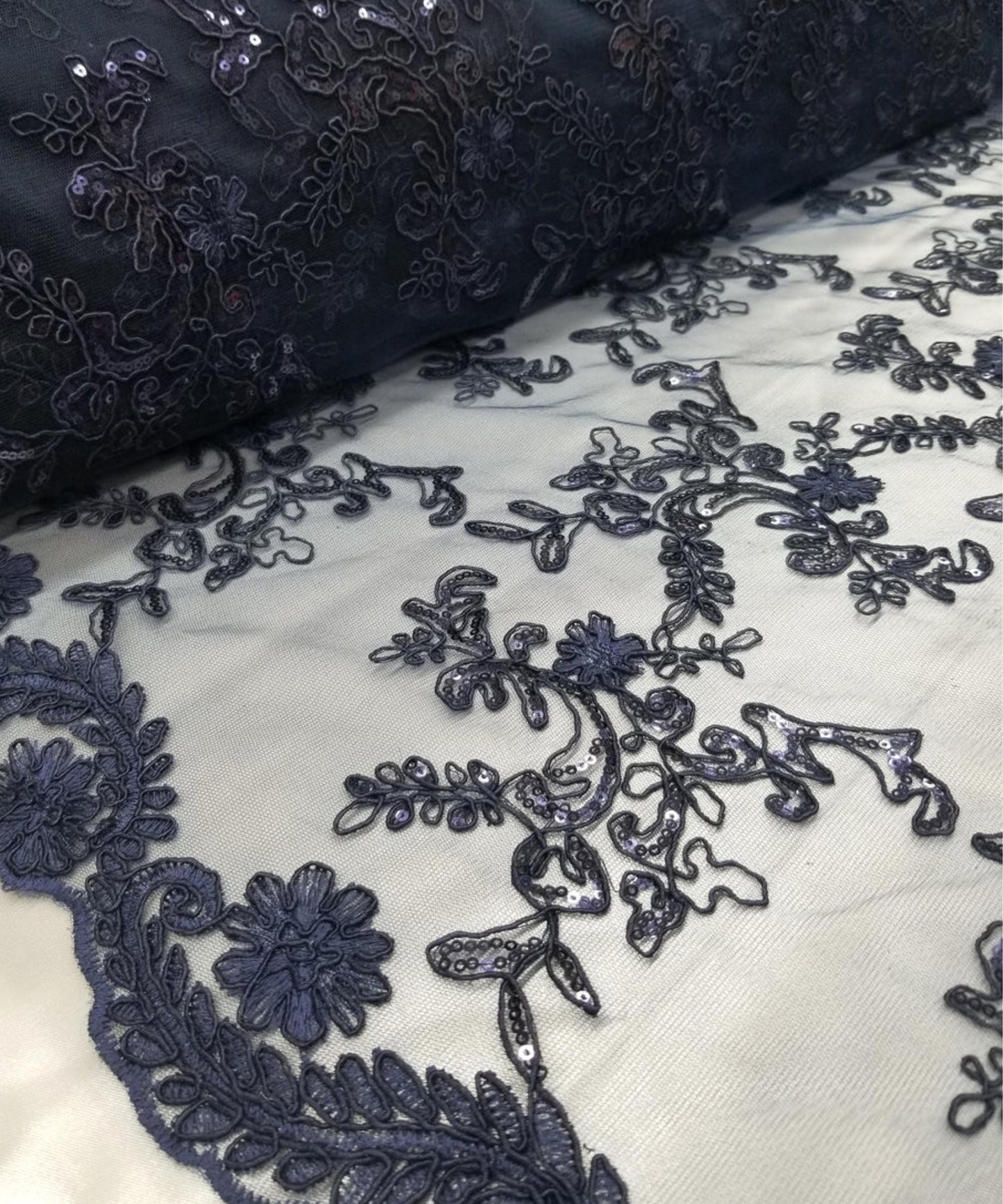 Navy Blue Sequin Lace Fabric