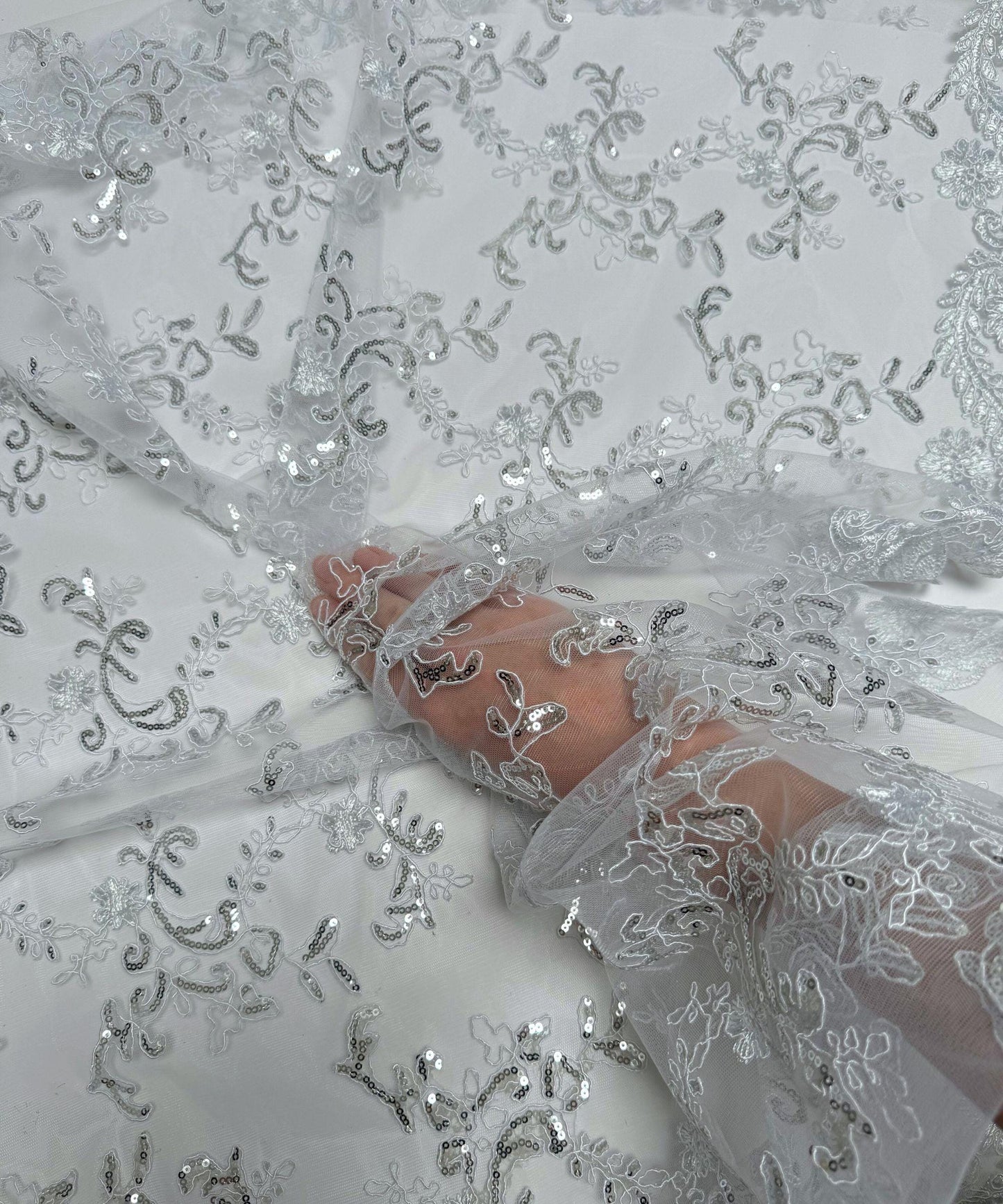 White Sequin Lace Fabric