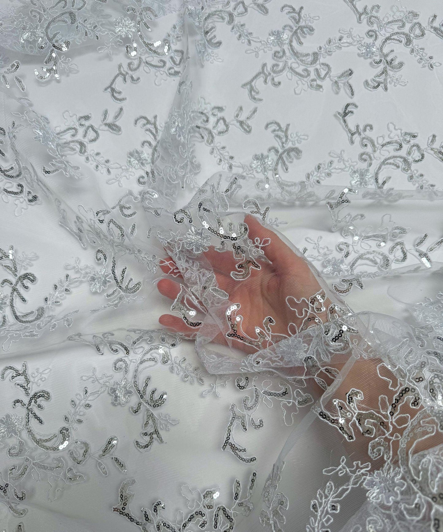White Sequin Lace Fabric