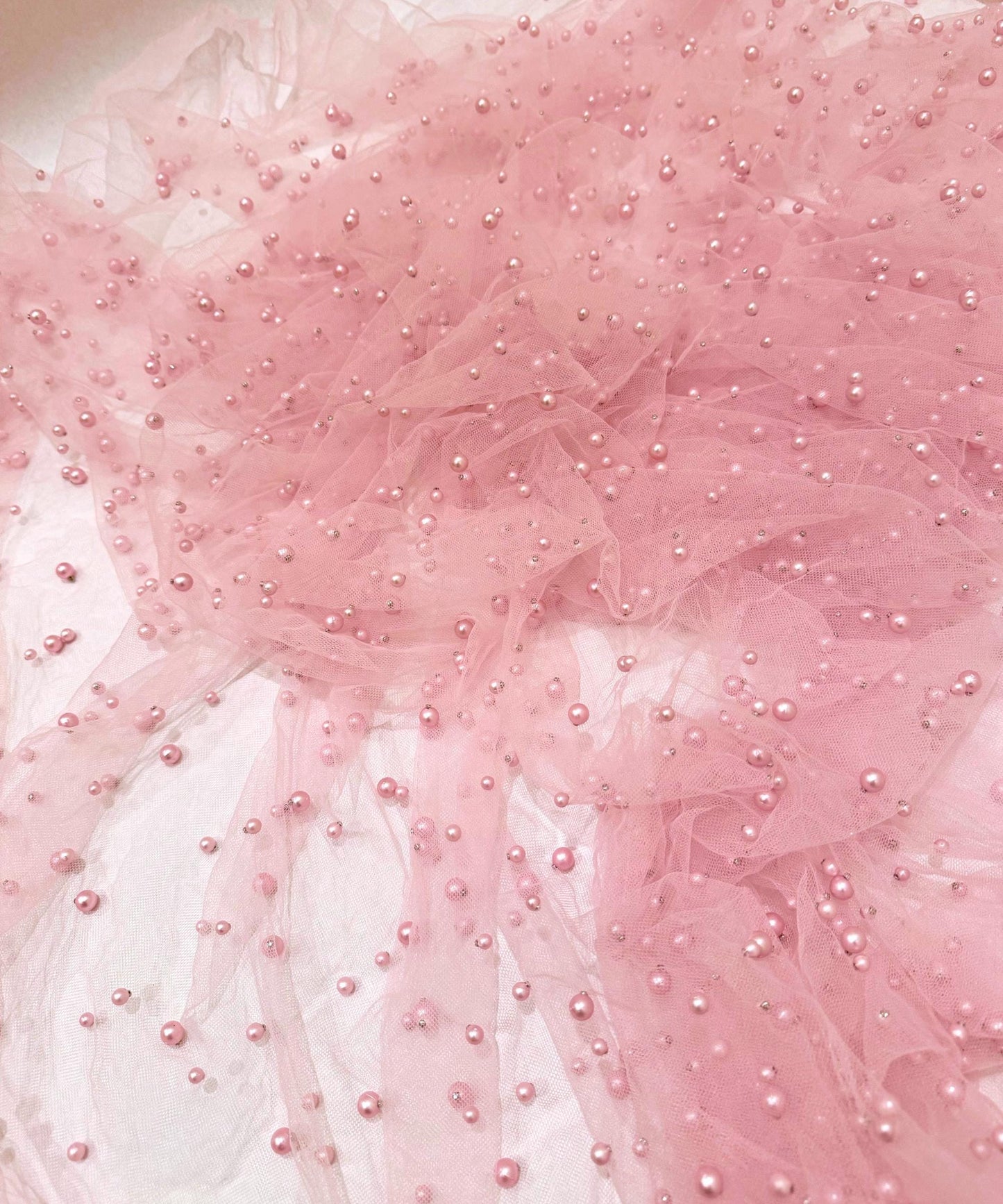 Pink Pearl Tulle Fabric, Scattered Pearls Studded Mesh, Pink Tulle Lace Fabric with Pearls, 2-Way Stretch Pearl Beaded Tulle