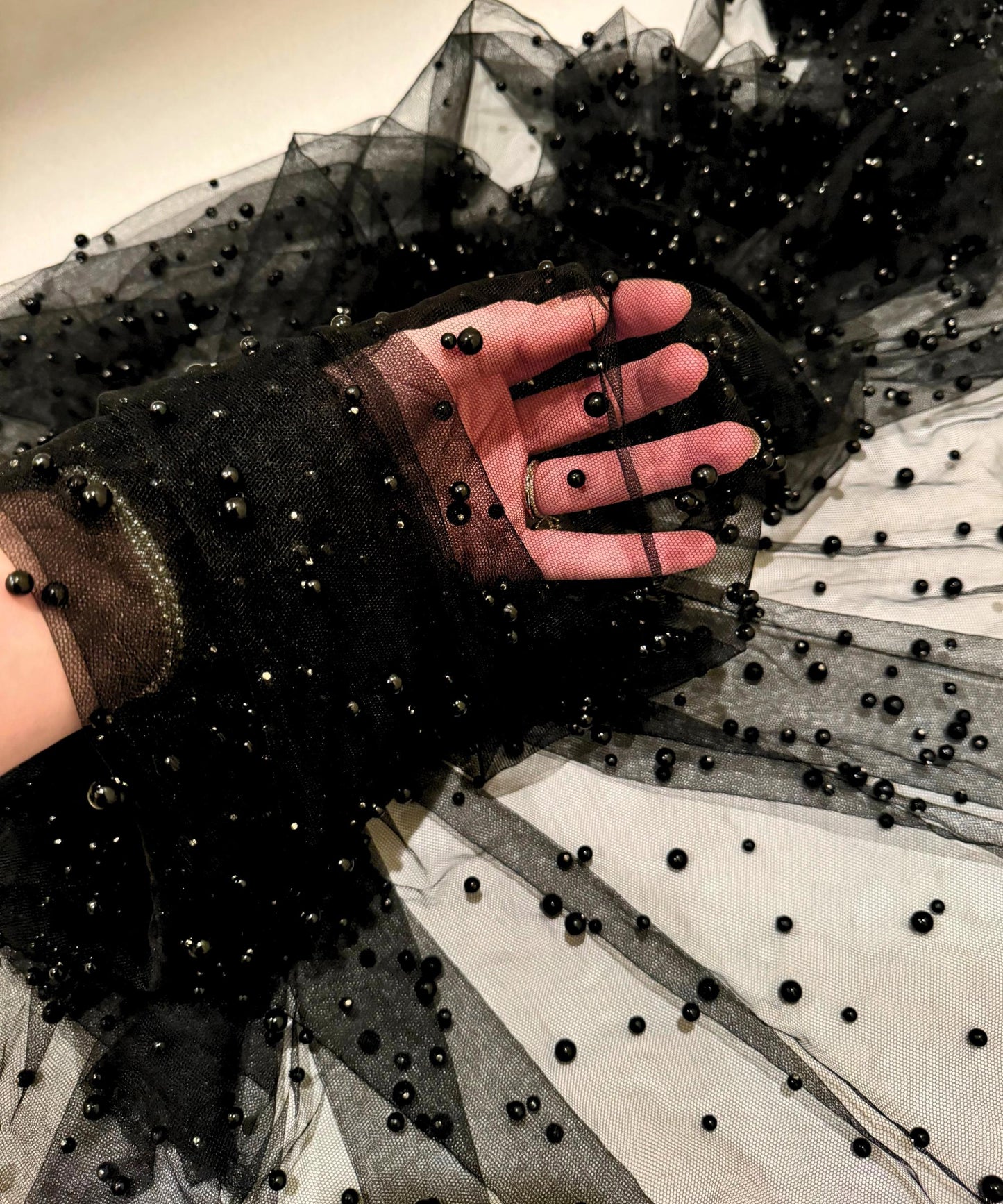 Black Pearl Tulle Fabric, Scattered Pearls Studded Mesh, Pink Tulle Lace Fabric with Pearls, 2-Way Stretch Pearl Beaded Tulle