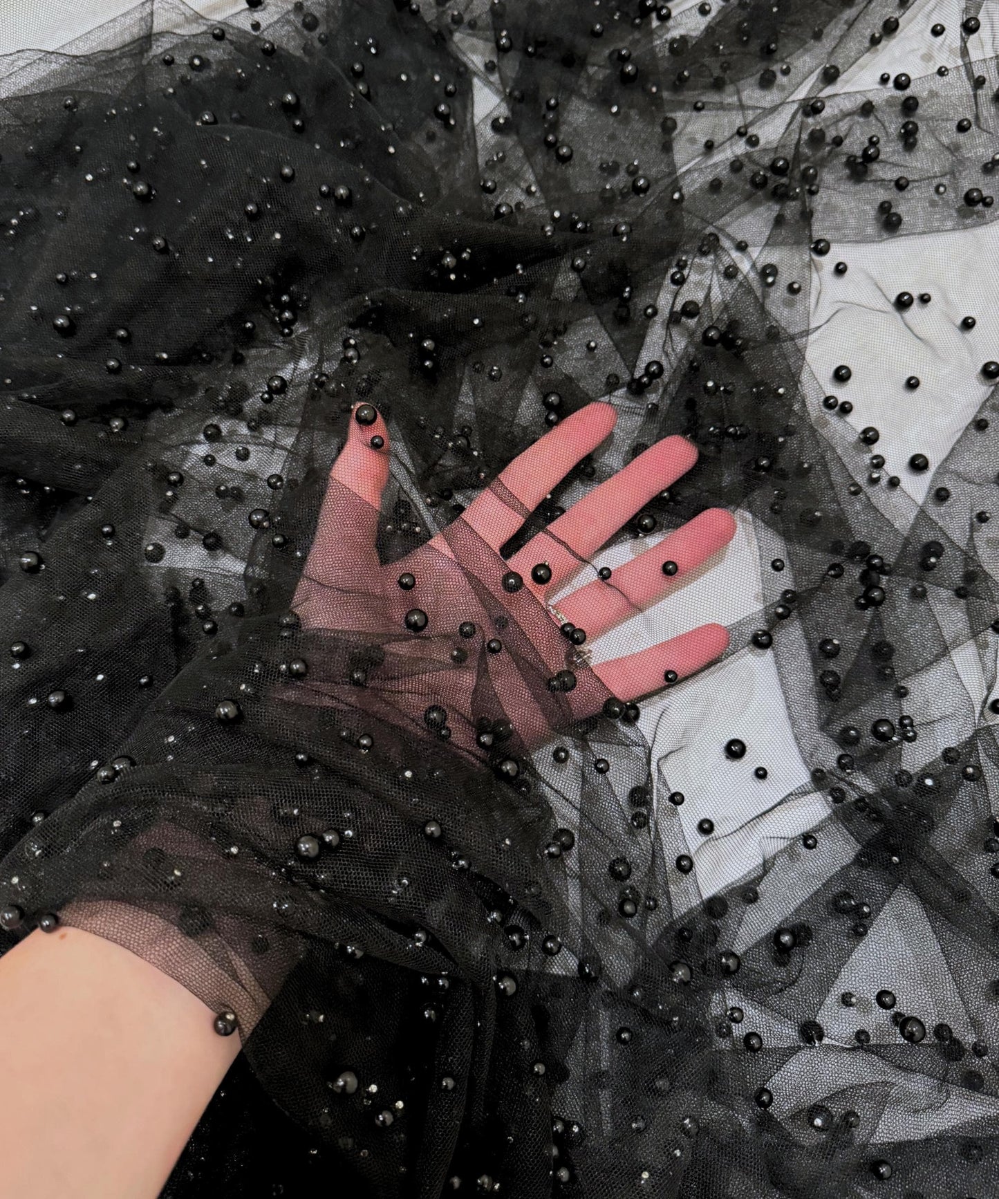 Black Scattered Pearls Studded Mesh, Black Pearl Tulle Fabric, Black Tulle Lace Fabric with Pearls, Stretch Black Beaded Tulle Pearl Lace