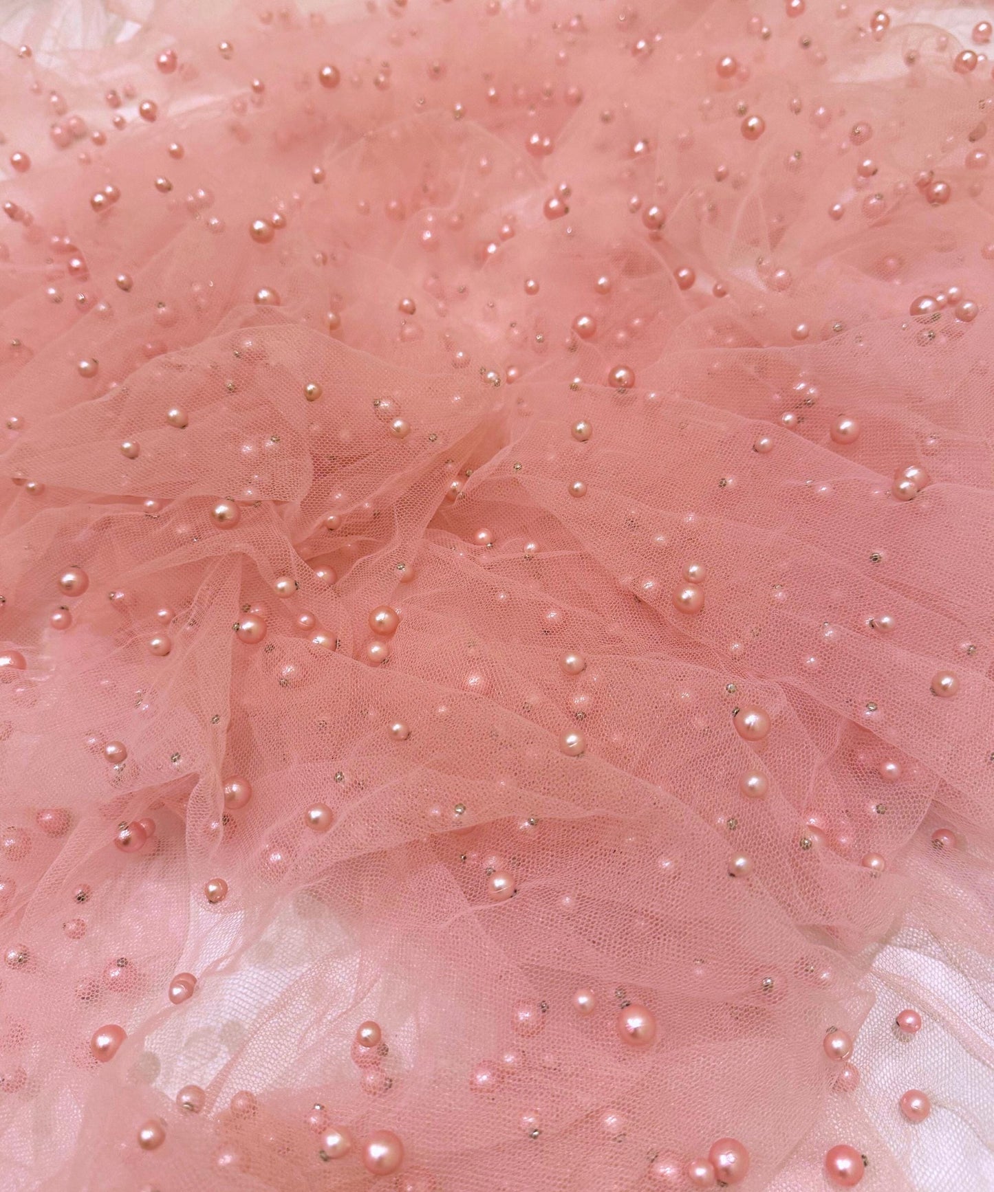 Pink Pearl Tulle Fabric, Scattered Pearls Studded Mesh, Pink Tulle Lace Fabric with Pearls, 2-Way Stretch Pearl Beaded Tulle