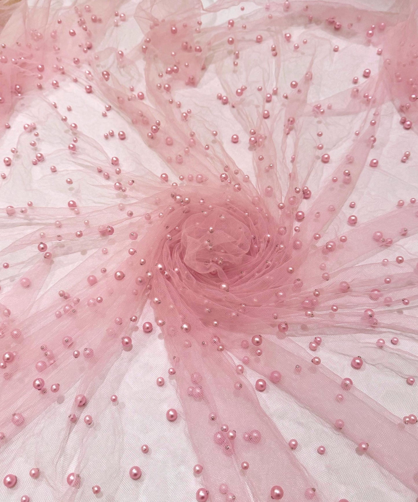 Pink Pearl Tulle Fabric, Scattered Pearls Studded Mesh, Pink Tulle Lace Fabric with Pearls, 2-Way Stretch Pearl Beaded Tulle