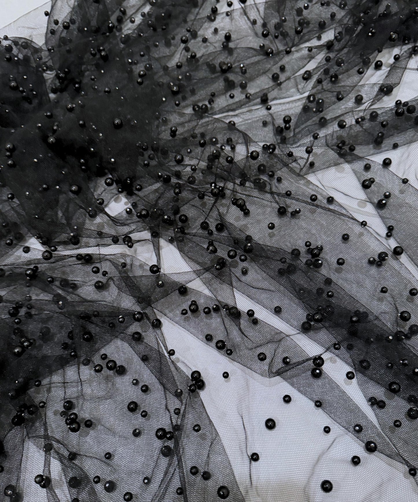 Black Scattered Pearls Studded Mesh, Black Pearl Tulle Fabric, Black Tulle Lace Fabric with Pearls, Stretch Black Beaded Tulle Pearl Lace