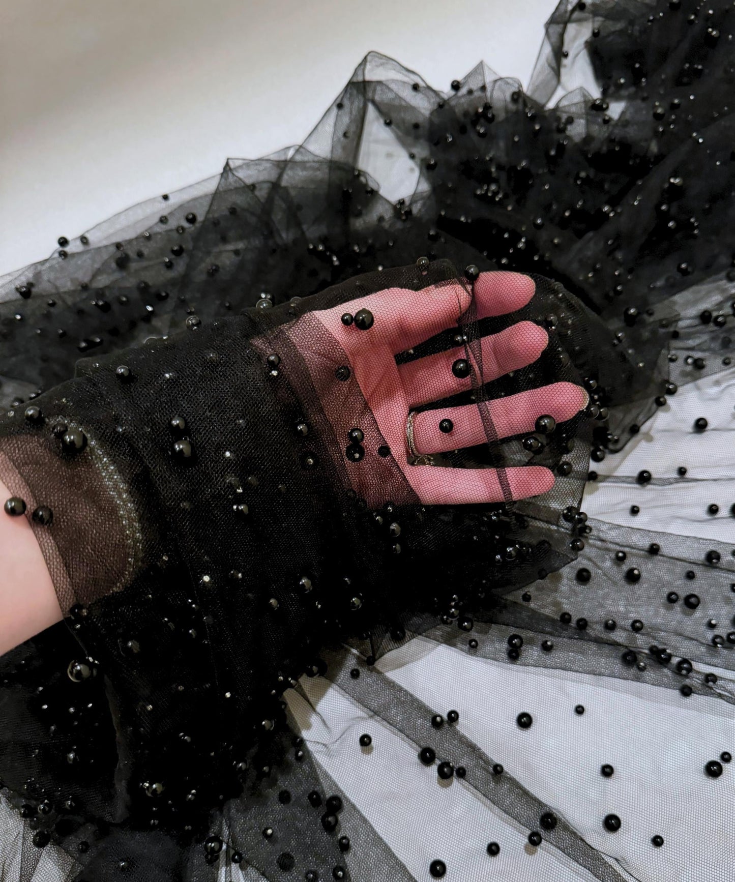 Black Scattered Pearls Studded Mesh, Black Pearl Tulle Fabric, Black Tulle Lace Fabric with Pearls, Stretch Black Beaded Tulle Pearl Lace