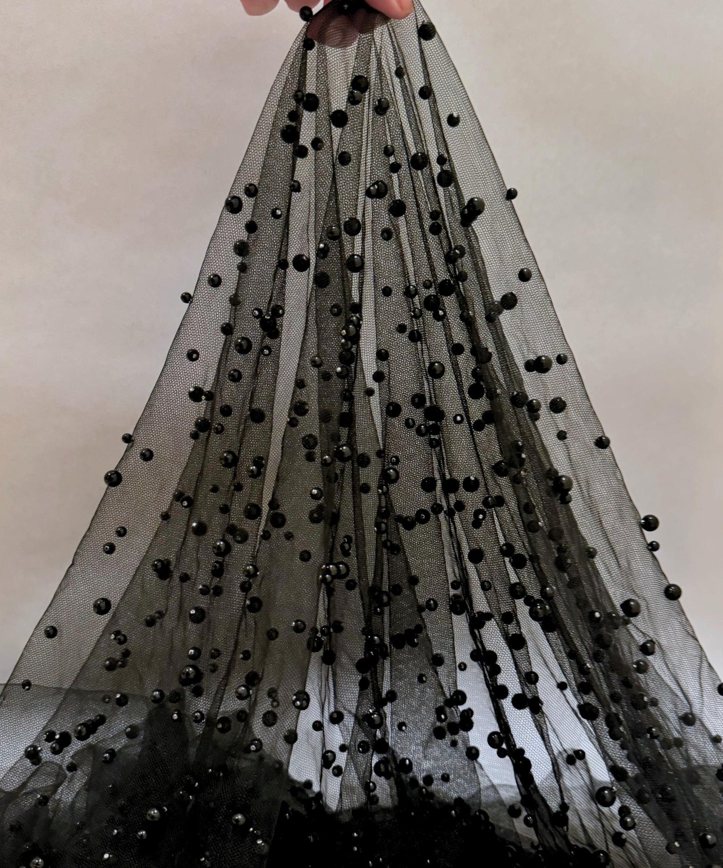 Black Scattered Pearls Studded Mesh, Black Pearl Tulle Fabric, Black Tulle Lace Fabric with Pearls, Stretch Black Beaded Tulle Pearl Lace