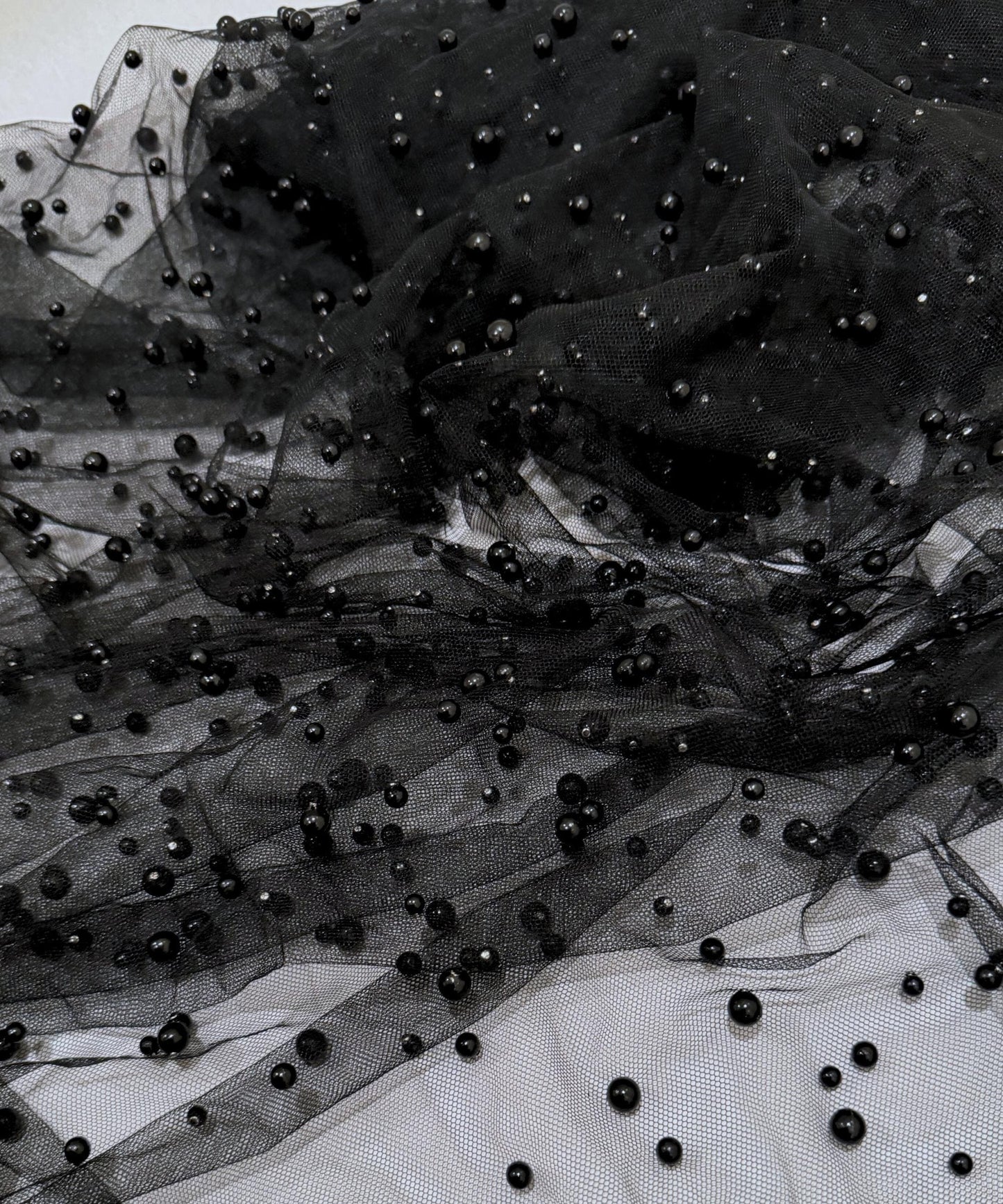 Black Scattered Pearls Studded Mesh, Black Pearl Tulle Fabric, Black Tulle Lace Fabric with Pearls, Stretch Black Beaded Tulle Pearl Lace