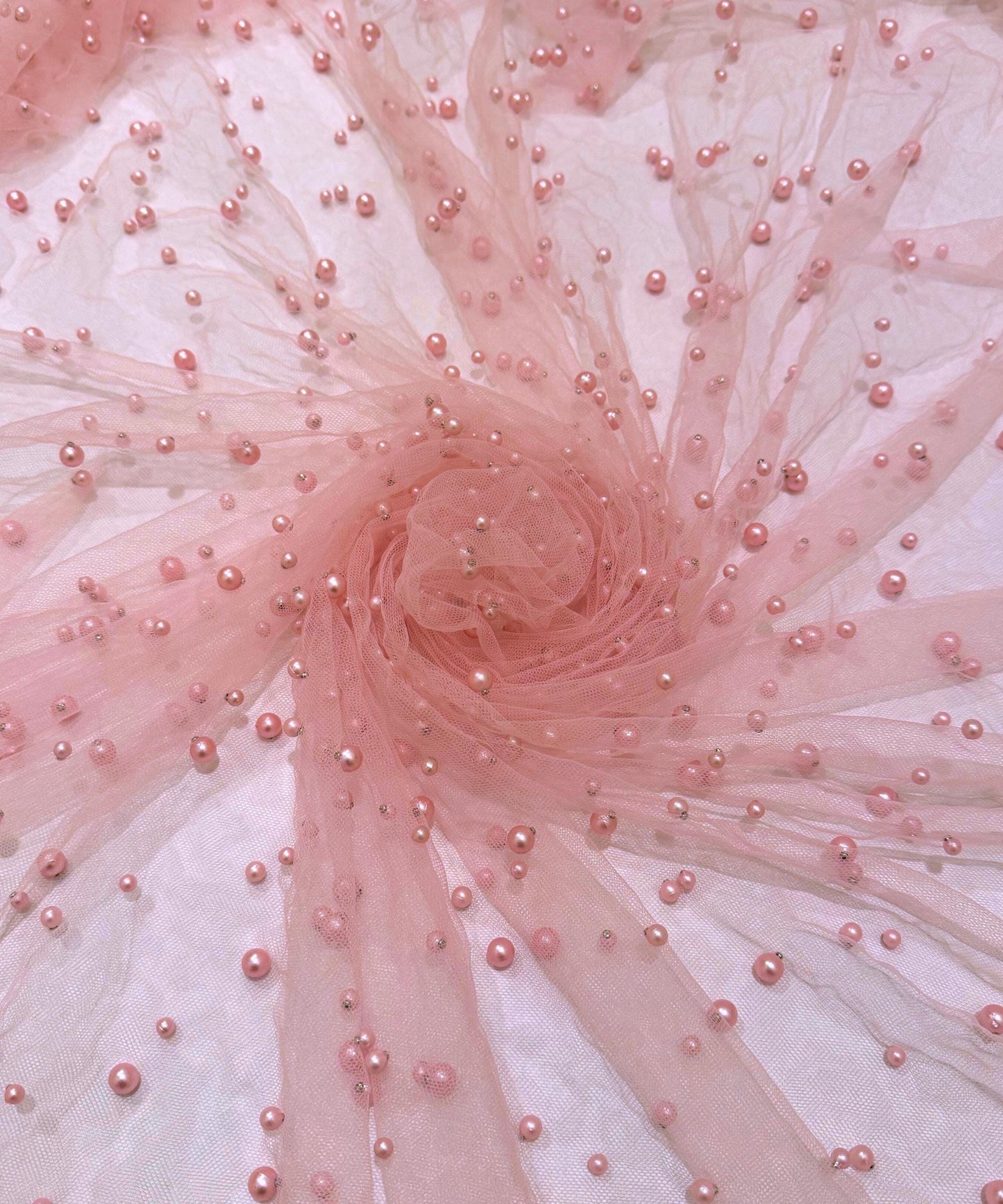 Pink Pearl Tulle Fabric, Scattered Pearls Studded Mesh, Pink Tulle Lace Fabric with Pearls, 2-Way Stretch Pearl Beaded Tulle