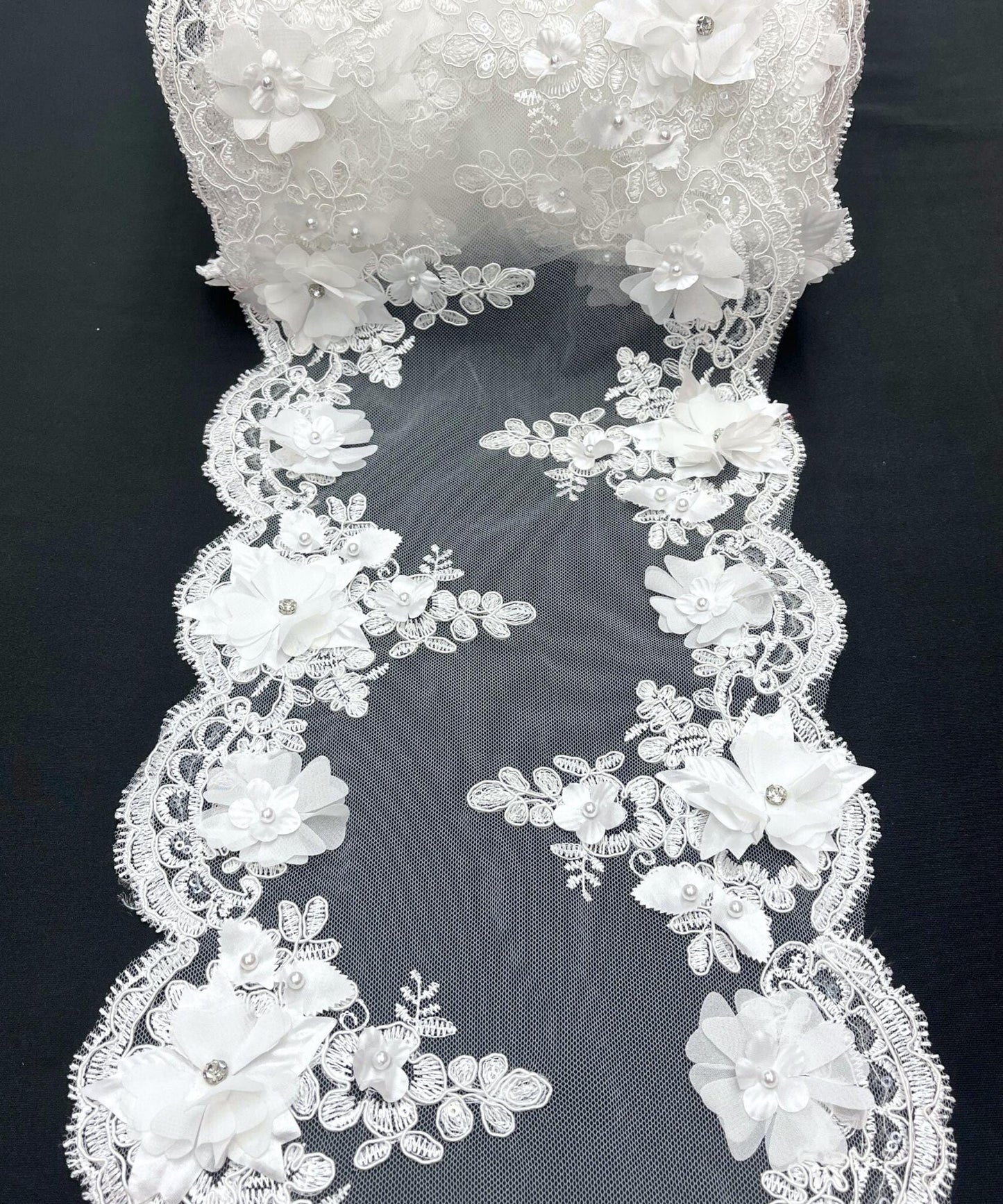 White Beaded Lace Table Runner with Pearls and Sequins, 3D Embroideries on Lace Fabric, Trim Lace Embroidered Table Runner