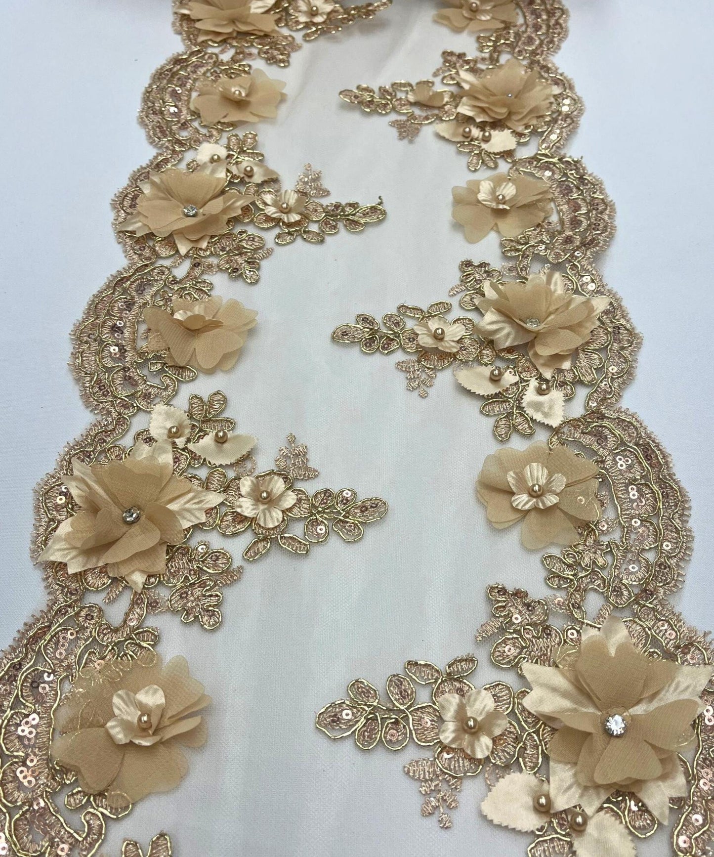 Gold Floral Beaded Lace Table Runner