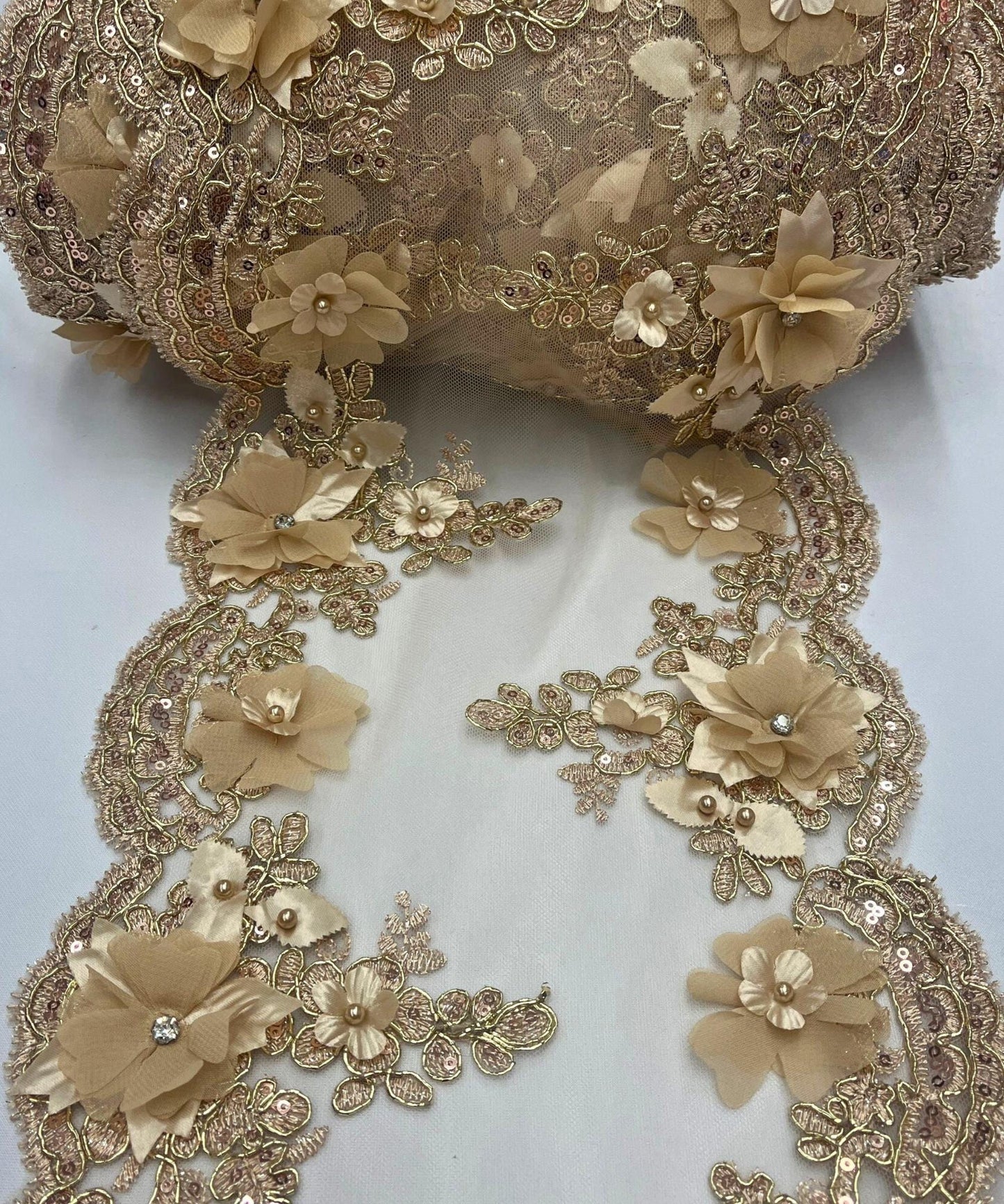 Gold Beaded Lace Table Runner with Pearls and Sequins, 3D Embroideries on Lace Fabric, Trim Lace Embroidered Table Runner