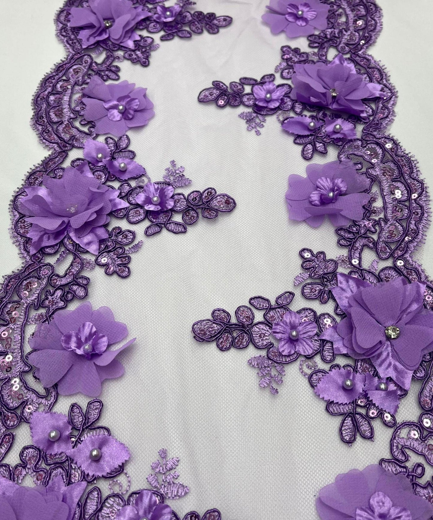 Lilac Beaded Lace Table Runner with Pearls and Sequins, 3D Embroideries on Lace Fabric, Trim Lace Embroidered Table Runner