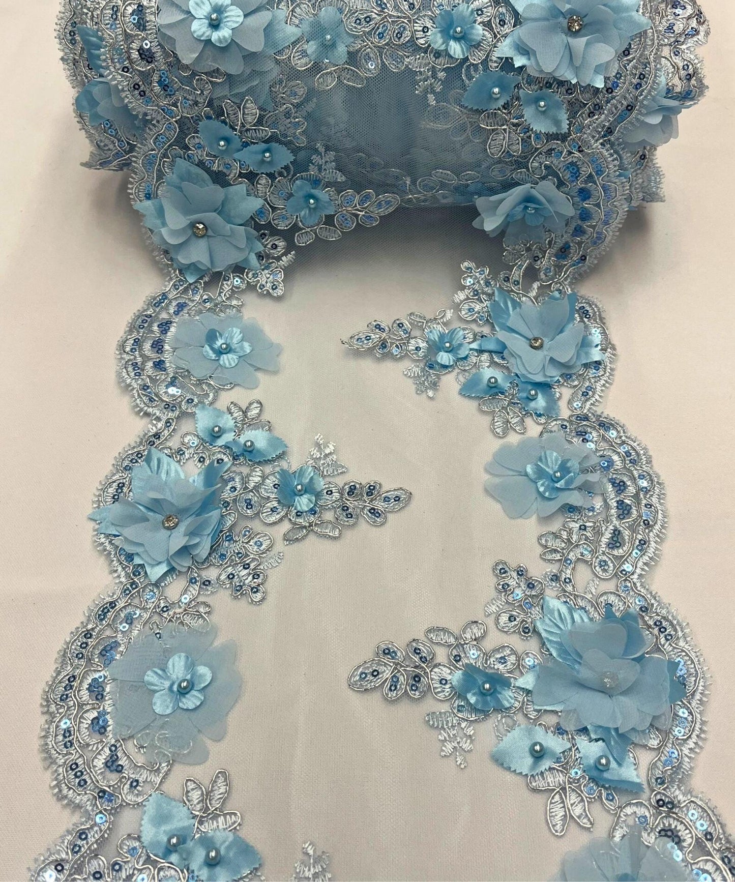 Baby Blue Beaded Lace Table Runner with Pearls and Sequins, 3D Embroideries on Lace Fabric, Trim Lace Embroidered Table Runner