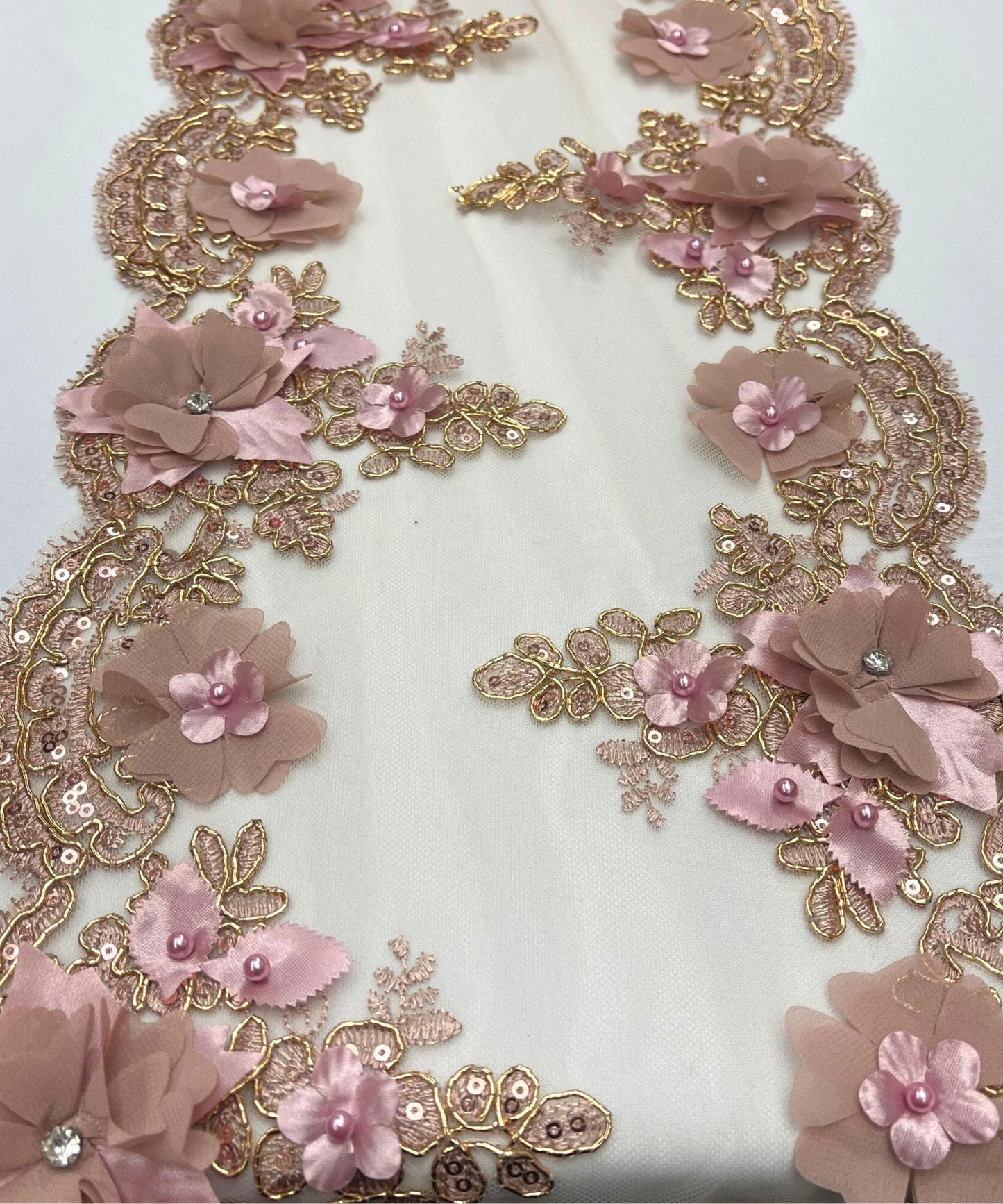 Dusty Rose Beaded Lace Table Runner with Pearls and Sequins, 3D Embroideries on Lace Fabric, Trim Lace Embroidered Table Runner