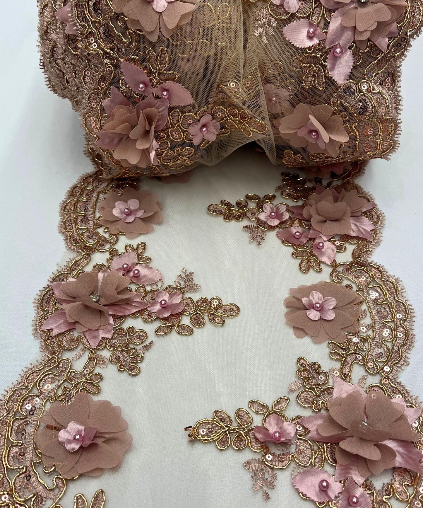 Dusty Rose Beaded Lace Table Runner with Pearls and Sequins, 3D Embroideries on Lace Fabric, Trim Lace Embroidered Table Runner