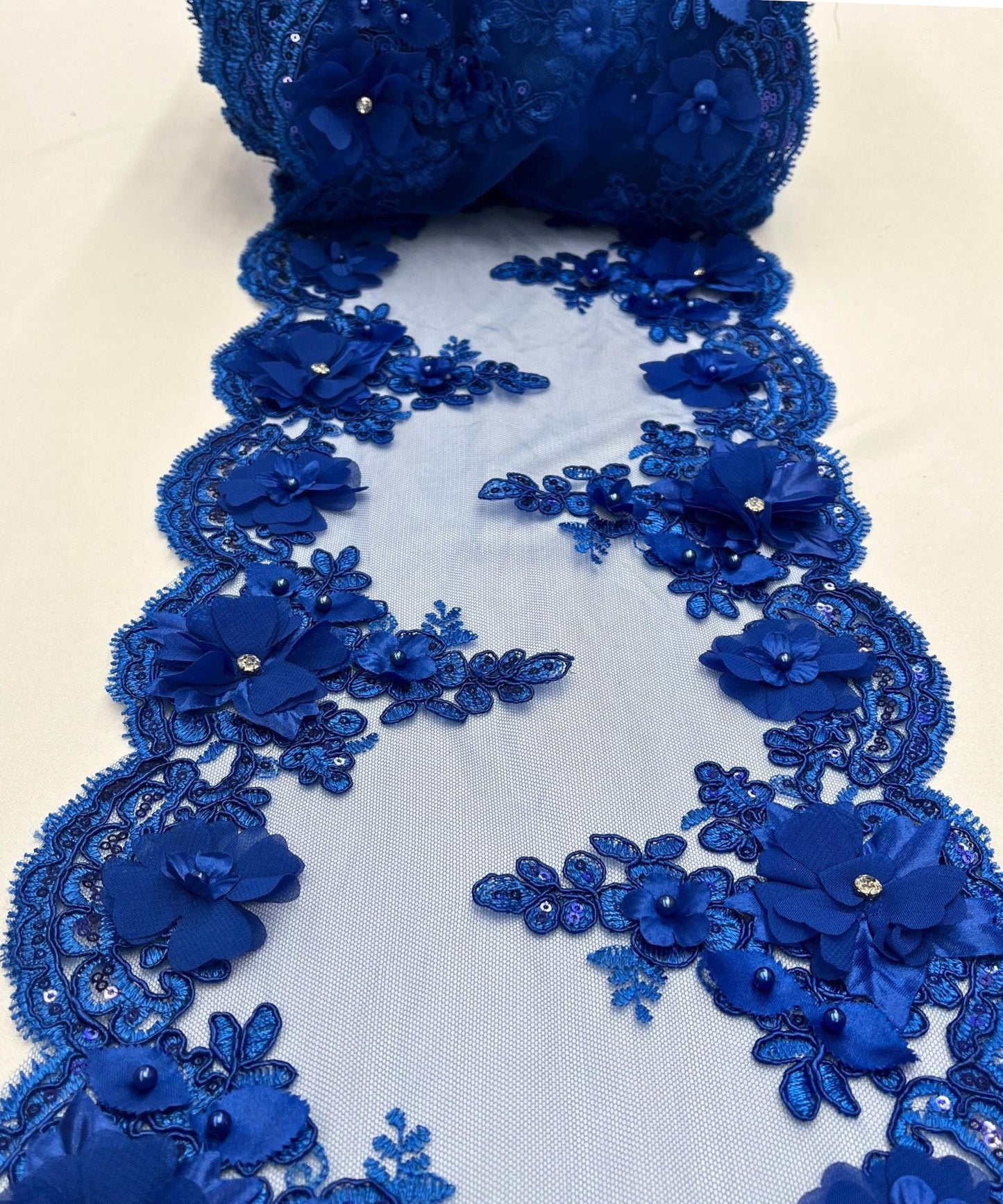 Royal Blue Beaded Lace Table Runner with Pearls and Sequins, 3D Embroideries on Lace Fabric, Trim Lace Embroidered Table Runner